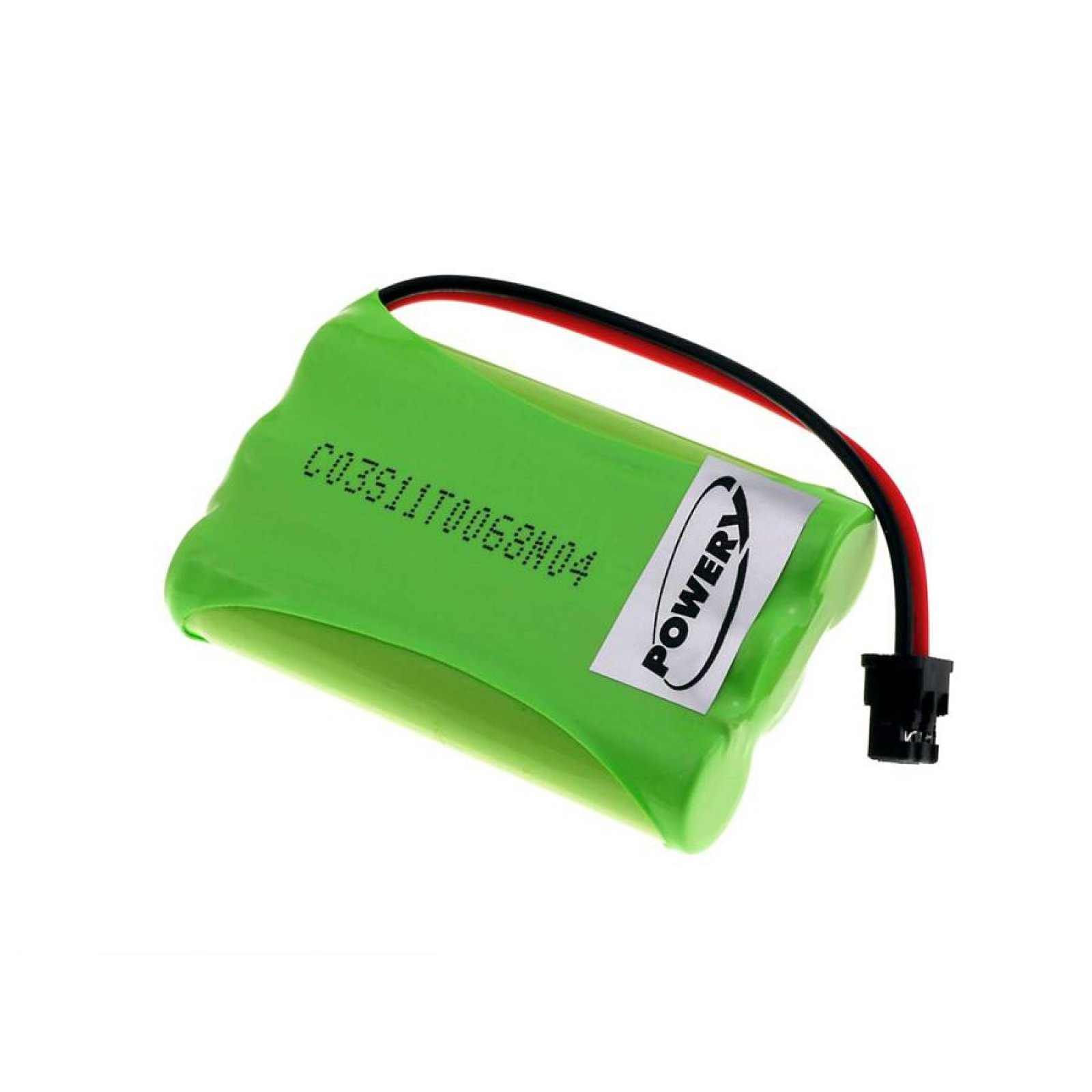Una batería verde con etiqueta PowerY y conector, colores verde y blanco.