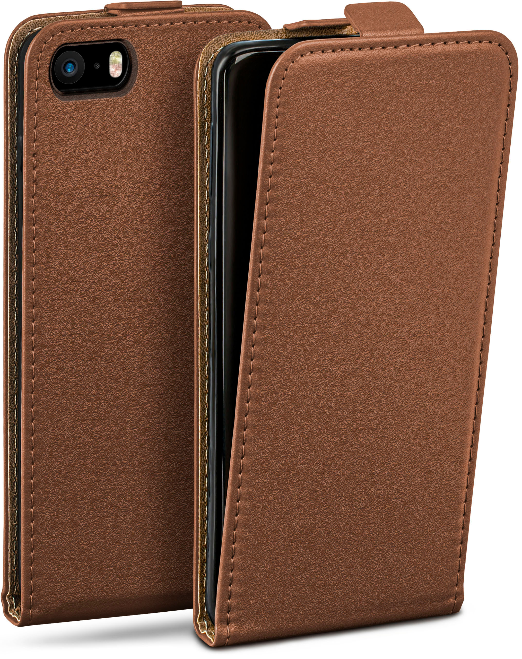 Braune Leder-Handyhülle mit geöffneter Klappe, um ein Telefon freizugeben. Es hat eine sichtbare Kamera.