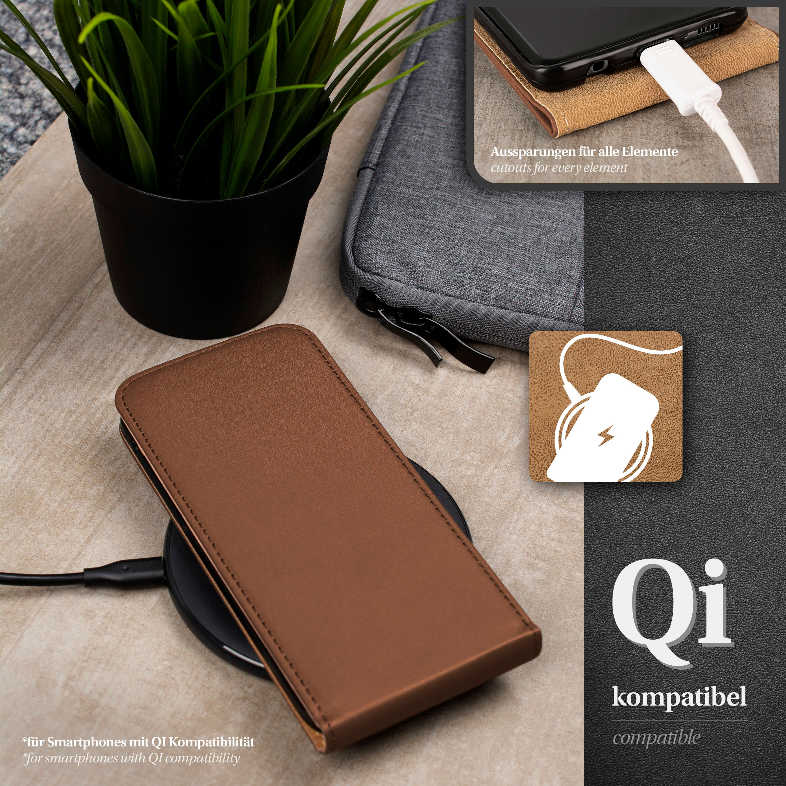 Eine braune Handyhülle mit Telefon auf kabellosem Ladegerät. Kleiner Topf und graue Tasche im Hintergrund.
