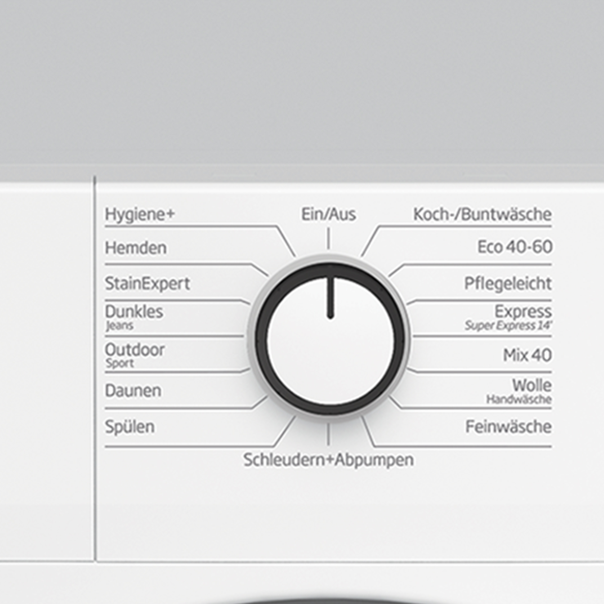 Waschmaschinen-Bedienfeld mit Drehknopf und Textbeschriftungen für Waschprogramme wie 'Hygiene+', 'Hemden' etc.