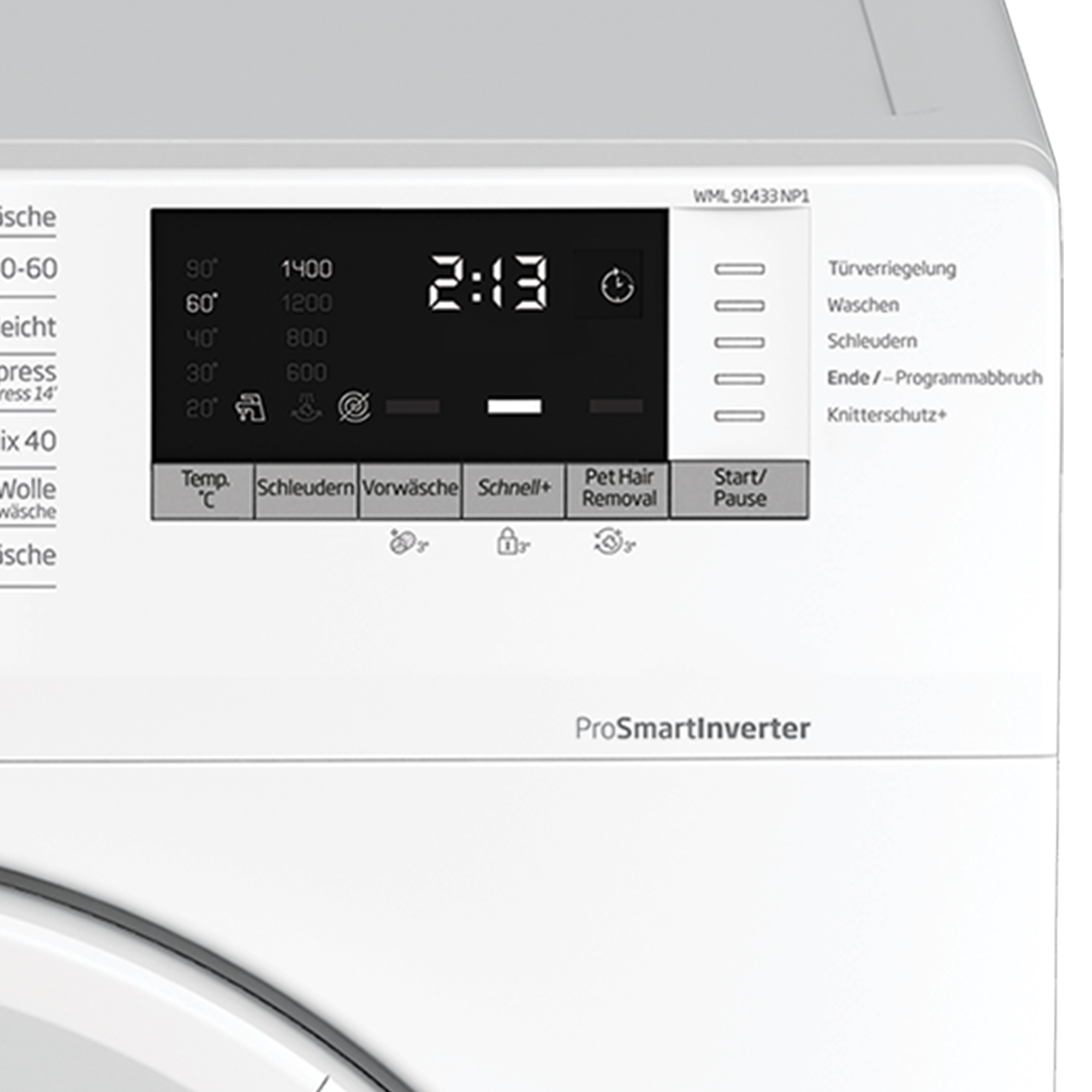 Panel sterowania pralki. Wyświetlacz cyfrowy pokazuje czas i ustawienia. Przyciski z ikonami.