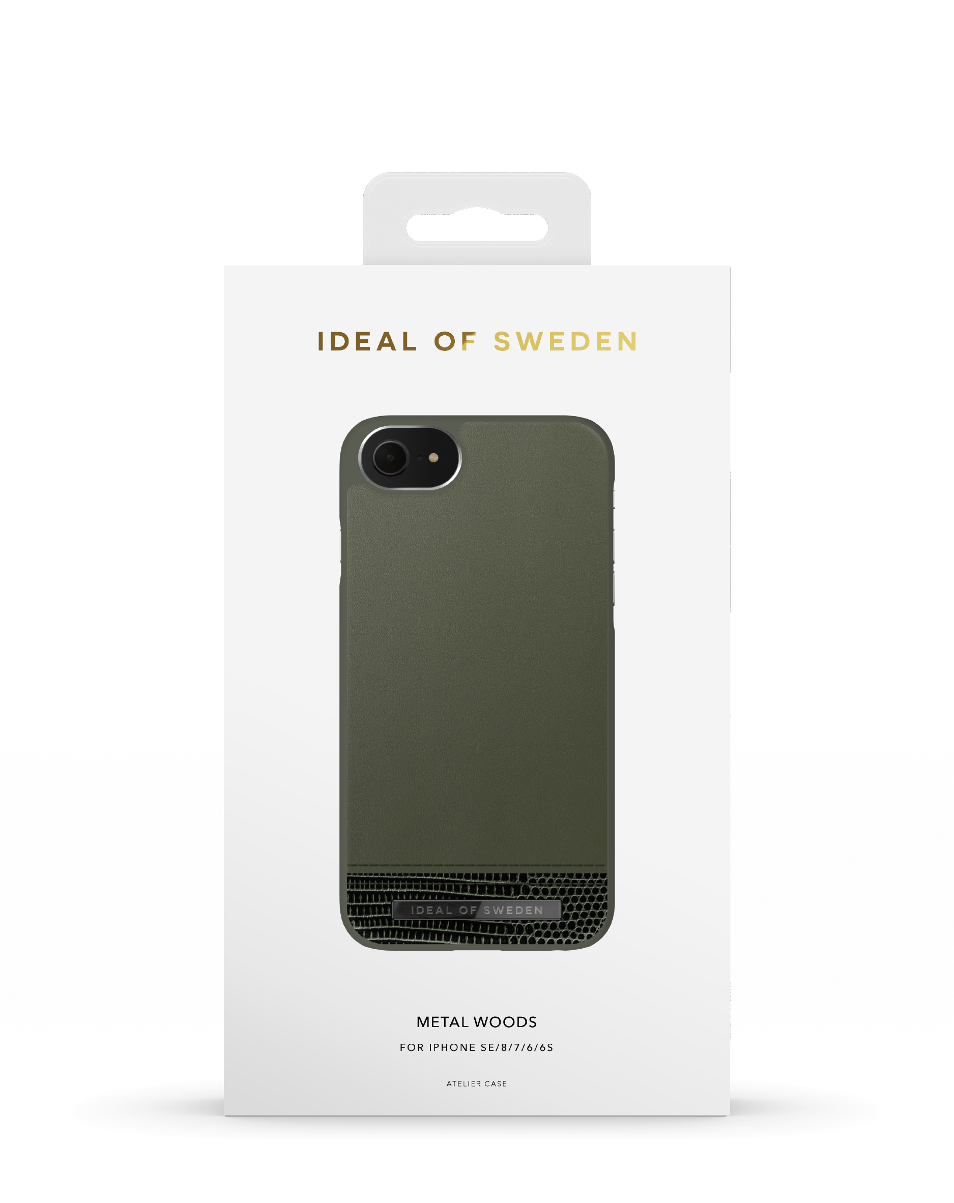 Custodia per telefono in scatola bianca con logo Ideal of Sweden. Custodia verde oliva, zona fotocamera nera.