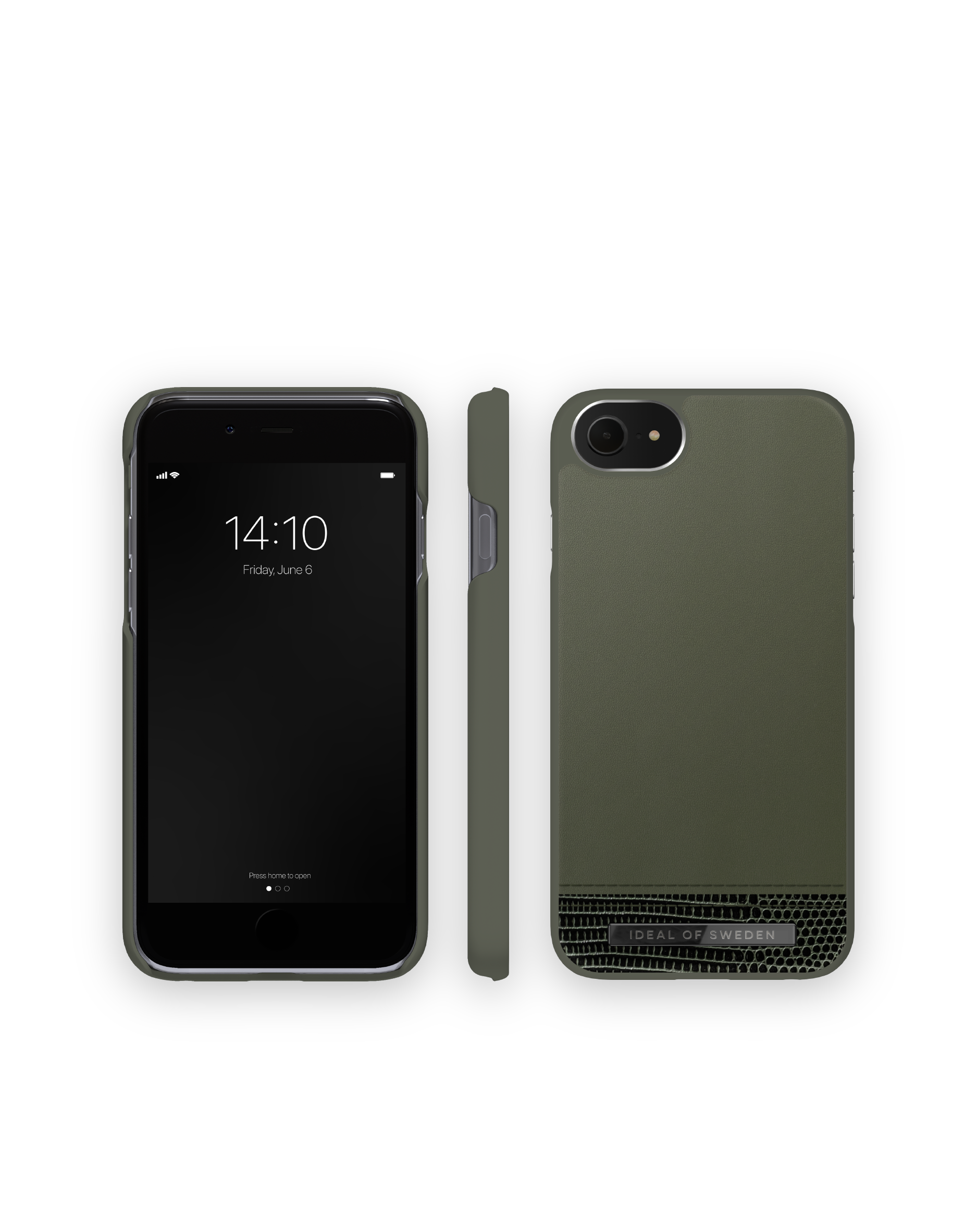 iPhone nero con custodia, mostra l'ora e la data sullo schermo.