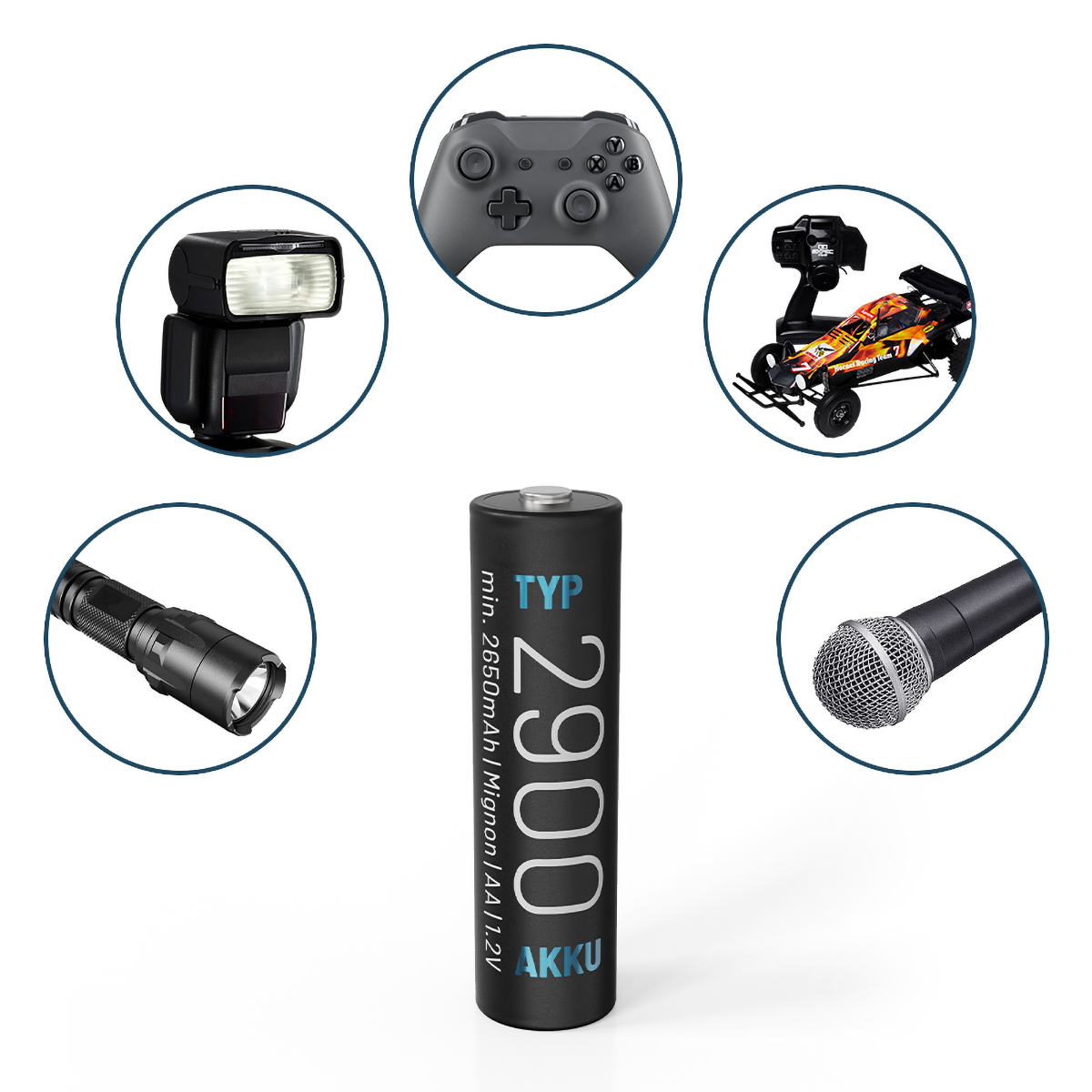 Schwarze AA-Batterie mit Etikett, umgeben von einer Taschenlampe, einem Mikrofon, einem Controller und einem Spielzeugauto.