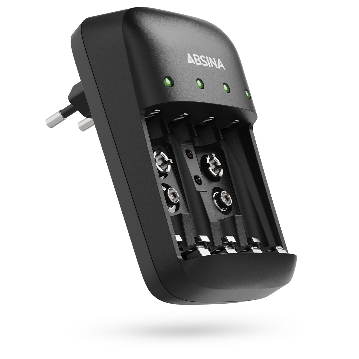 Ein schwarzes Batterieladegerät mit Steckplätzen für Batterien und drei grünen Ladeanzeigelichtern.