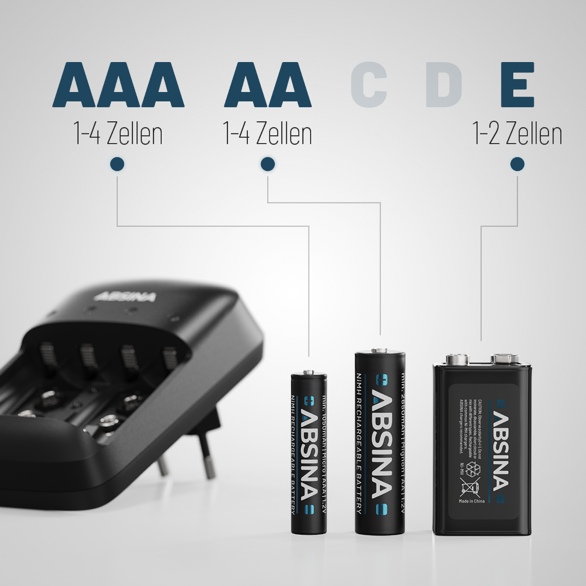 Batterien und Ladegerät, mit Text, der Batterietypen angibt: AAA, AA, C, D und E. Auf hellem Hintergrund.