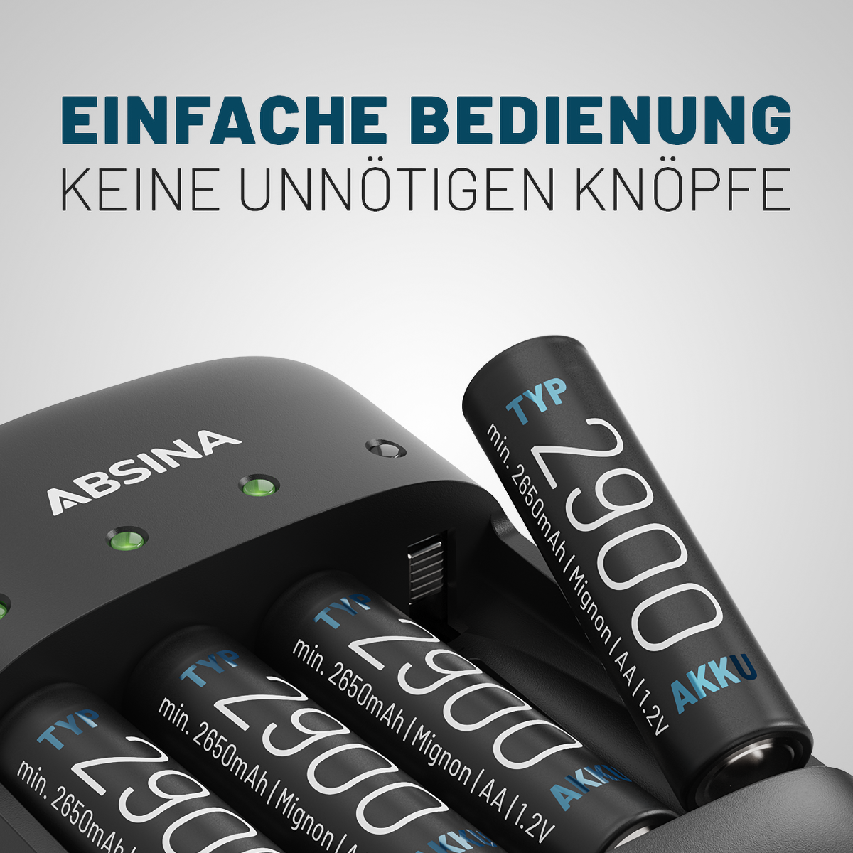 Ein Batterieladegerät mit vier Batterien. Die Batterien haben Etiketten.