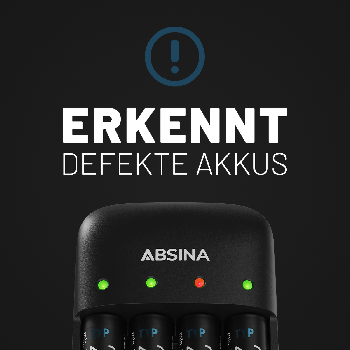 Akkuladegerät mit Batterien. Schwarzer und blauer Hintergrund.