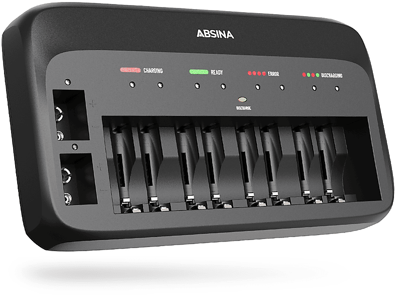 ABSINA Akku Ladegerät X10 für AA, AAA & 9V Akku Ladegerät Universal, schwarz