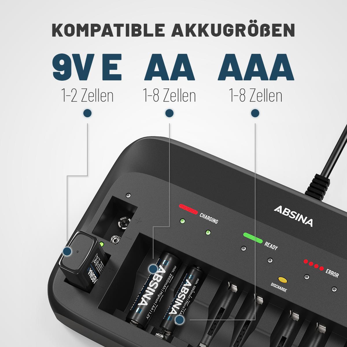 ABSINA Akku schwarz Ladegerät 9V Universal, & Ladegerät AAA für X10 Akku AA