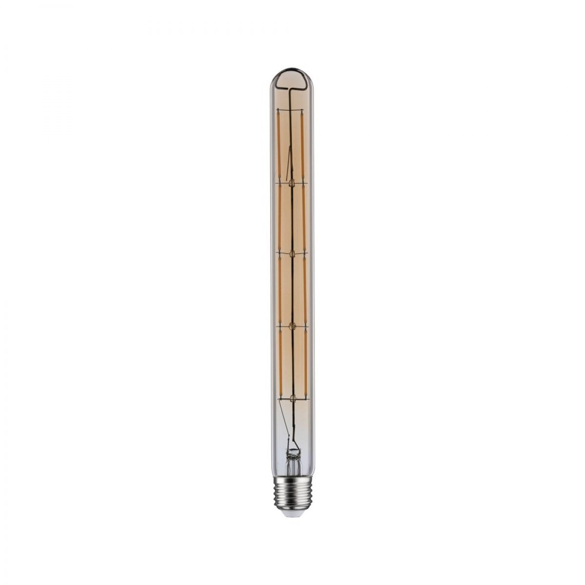 Lange, dünne Glühbirne mit goldenem Glühfaden. Klares Glas, silberner Sockel.