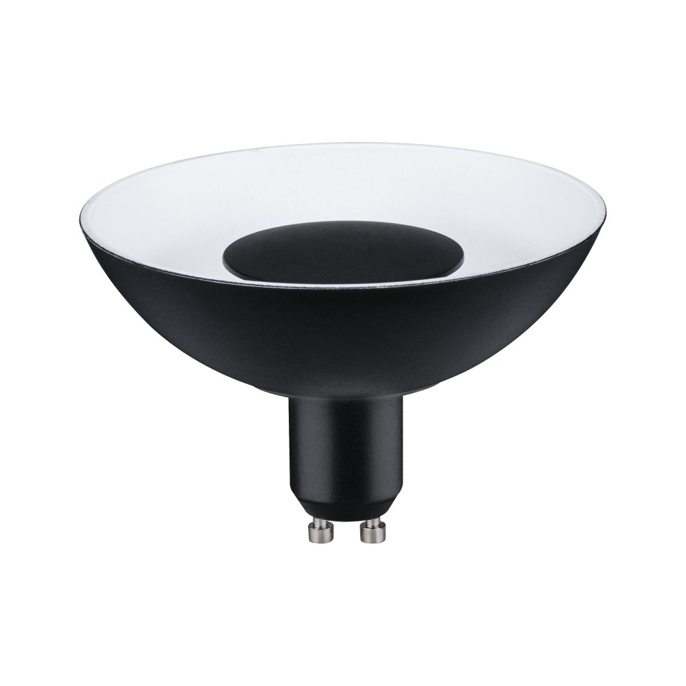 Eine schwarz-weiße Lampe mit konischer Form und zwei Metallschrauben unten.
