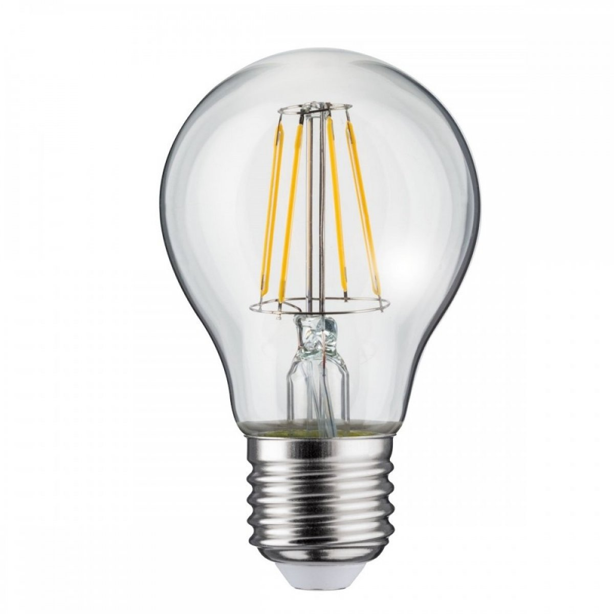 Przezroczysta szklana żarówka Edisona ze srebrną podstawą. Światło jest białe.
