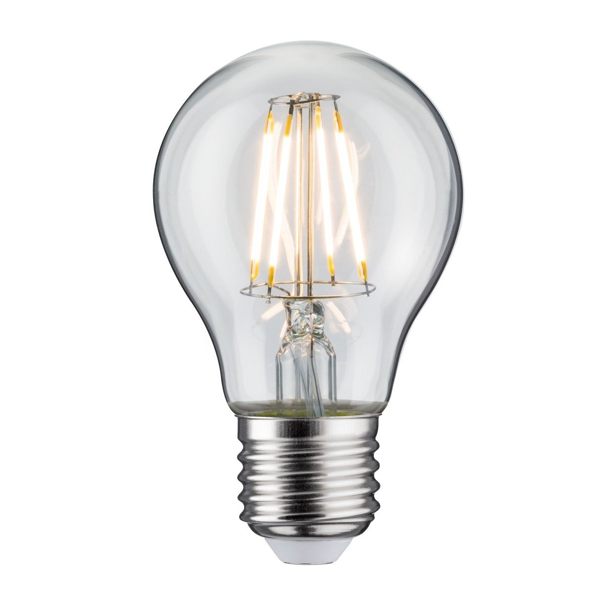 Przezroczysta szklana żarówka z pionowymi włóknami, srebrna podstawa.