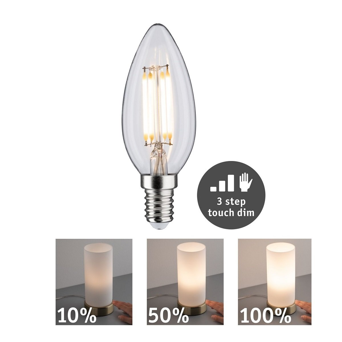 Klare Glühbirne mit silbernem Sockel. 3-stufige Touch-Dimmfunktion. Beispiele für dimmbare Lichter.