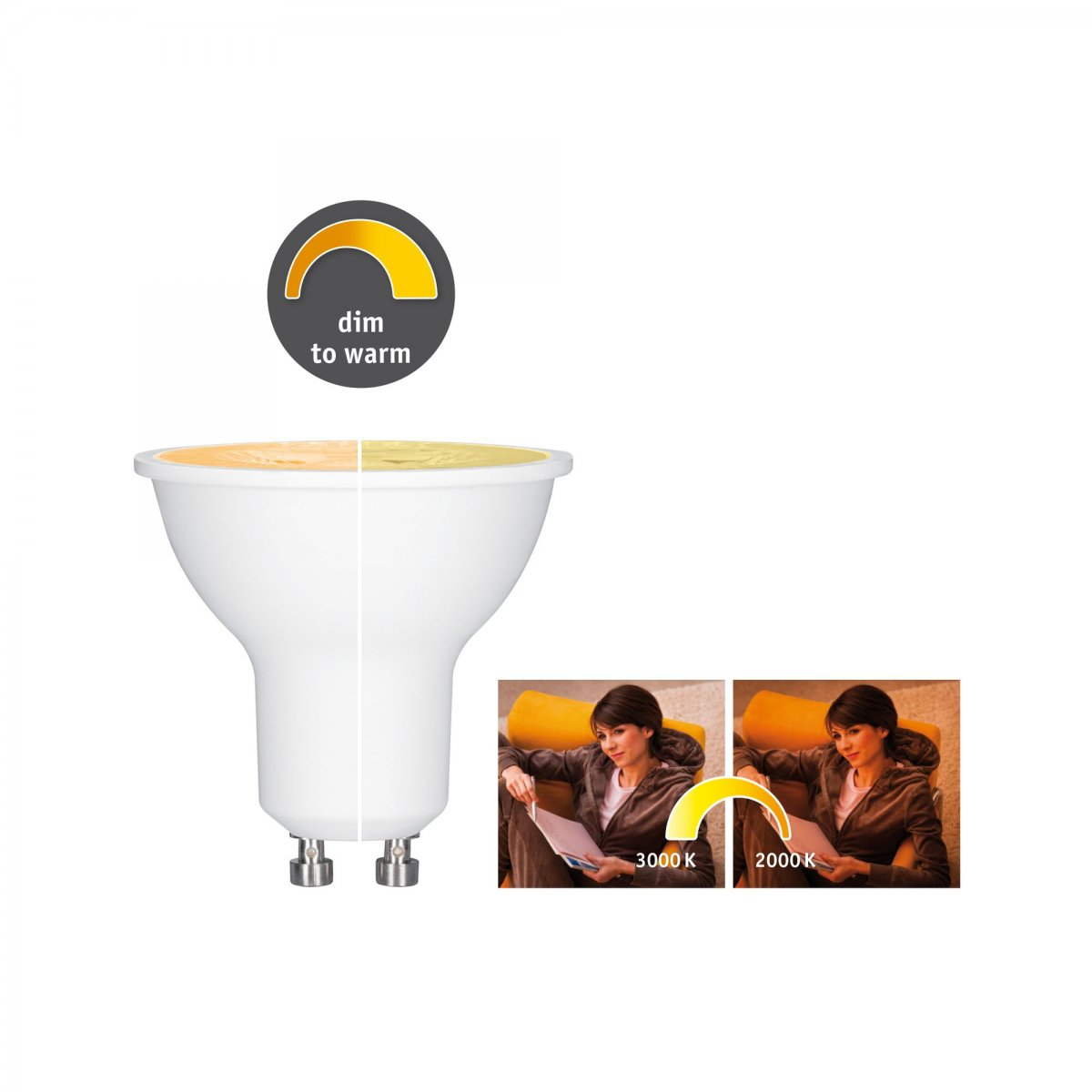 Dimmbare weiße LED-Lampe mit lesender Frau, die Farbtemperaturänderungen zeigt.