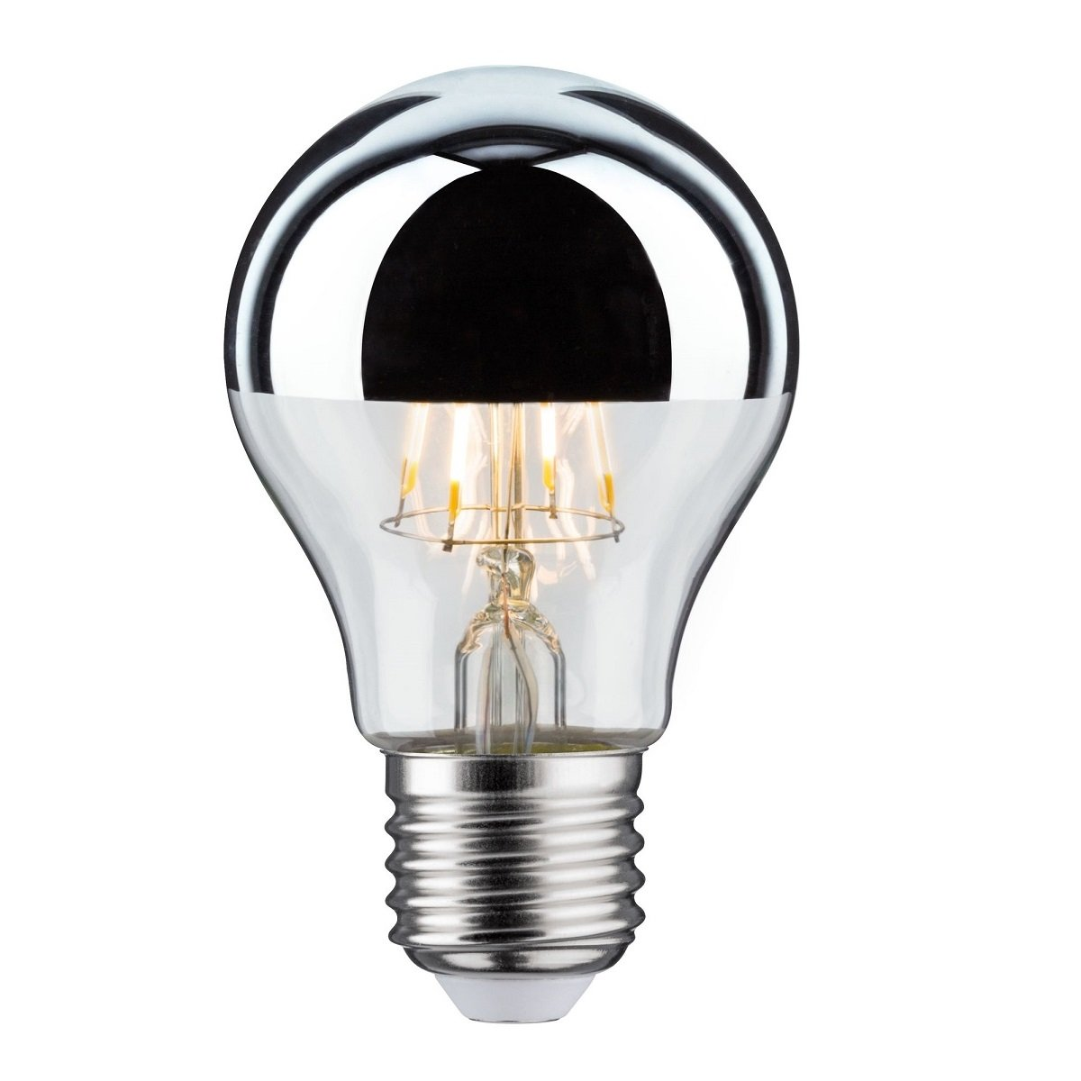 Żarówka ze srebrną górą i przezroczystym szkłem. Światło jest włączone.