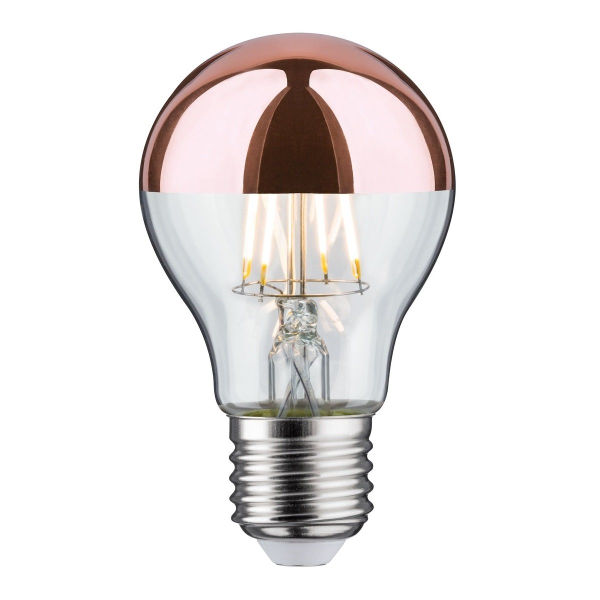 Żarówka z miedzianą górą i przezroczystą dolną częścią, z widocznymi włóknami i srebrną podstawą.