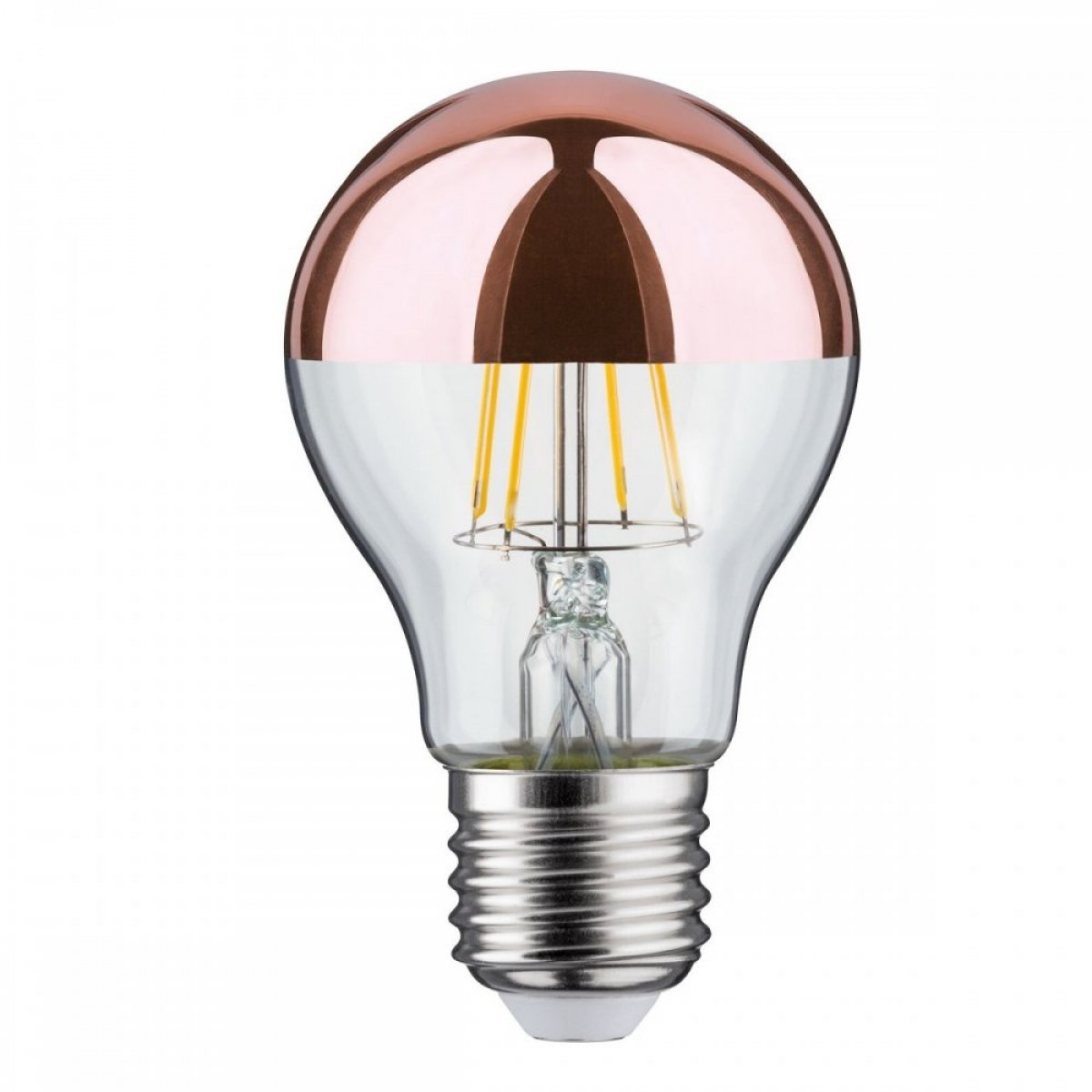 Żarówka z miedzianą górą. Przezroczyste szkło, srebrna podstawa. Białe tło.