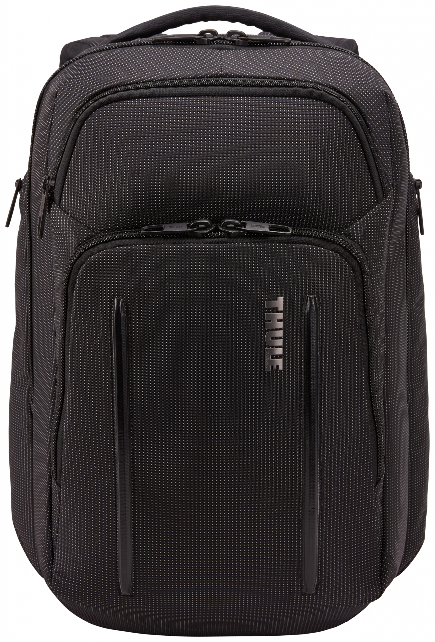 Schwarzer Rucksack mit silbernem Thule-Logo und mehreren Fächern.