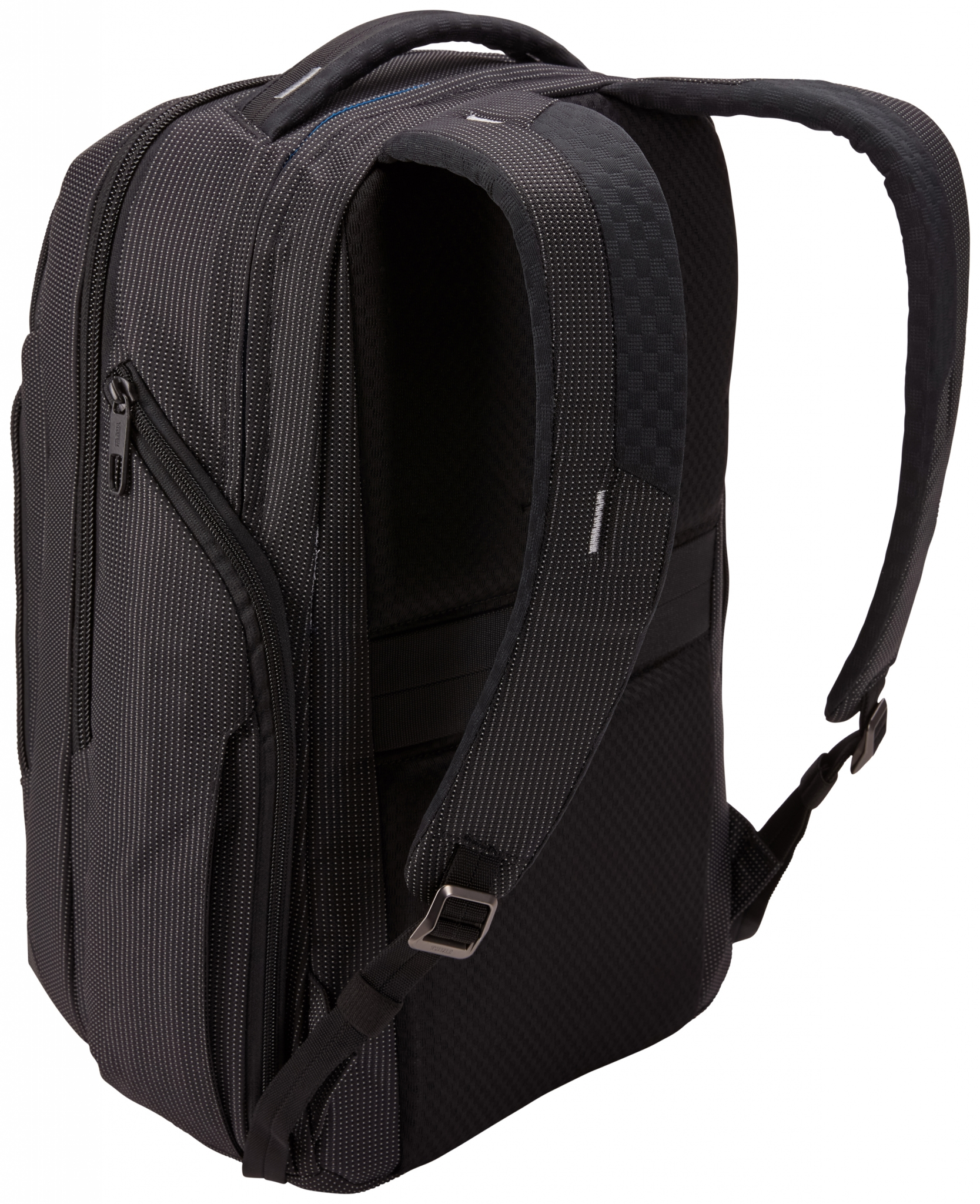 Rucksack. Schwarz, mit strukturiertem Muster. Mit einer Reißverschlusstasche an der Seite und gepolsterten Trägern.