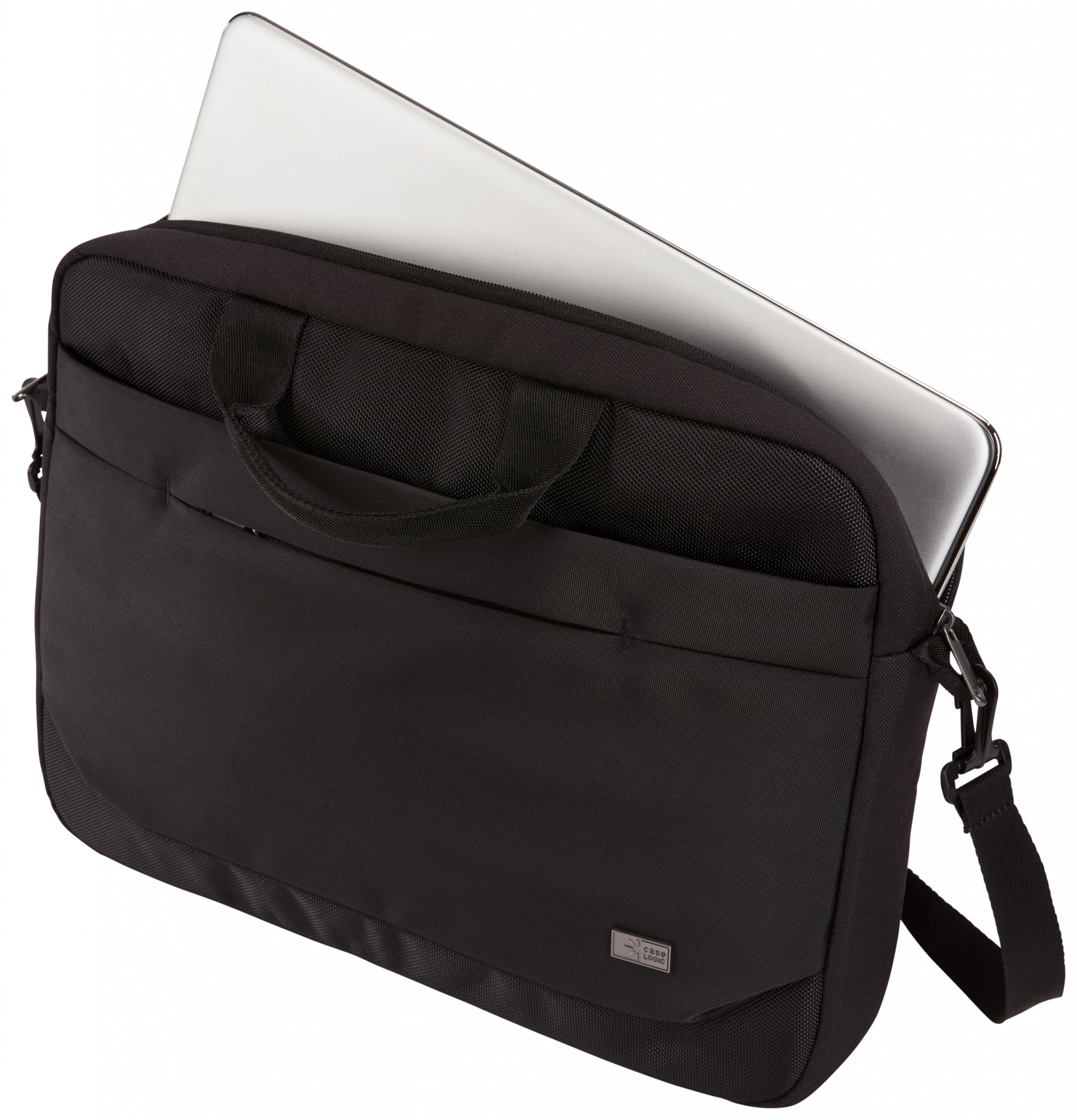 Borsa a tracolla nera con laptop parzialmente visibile all'interno.