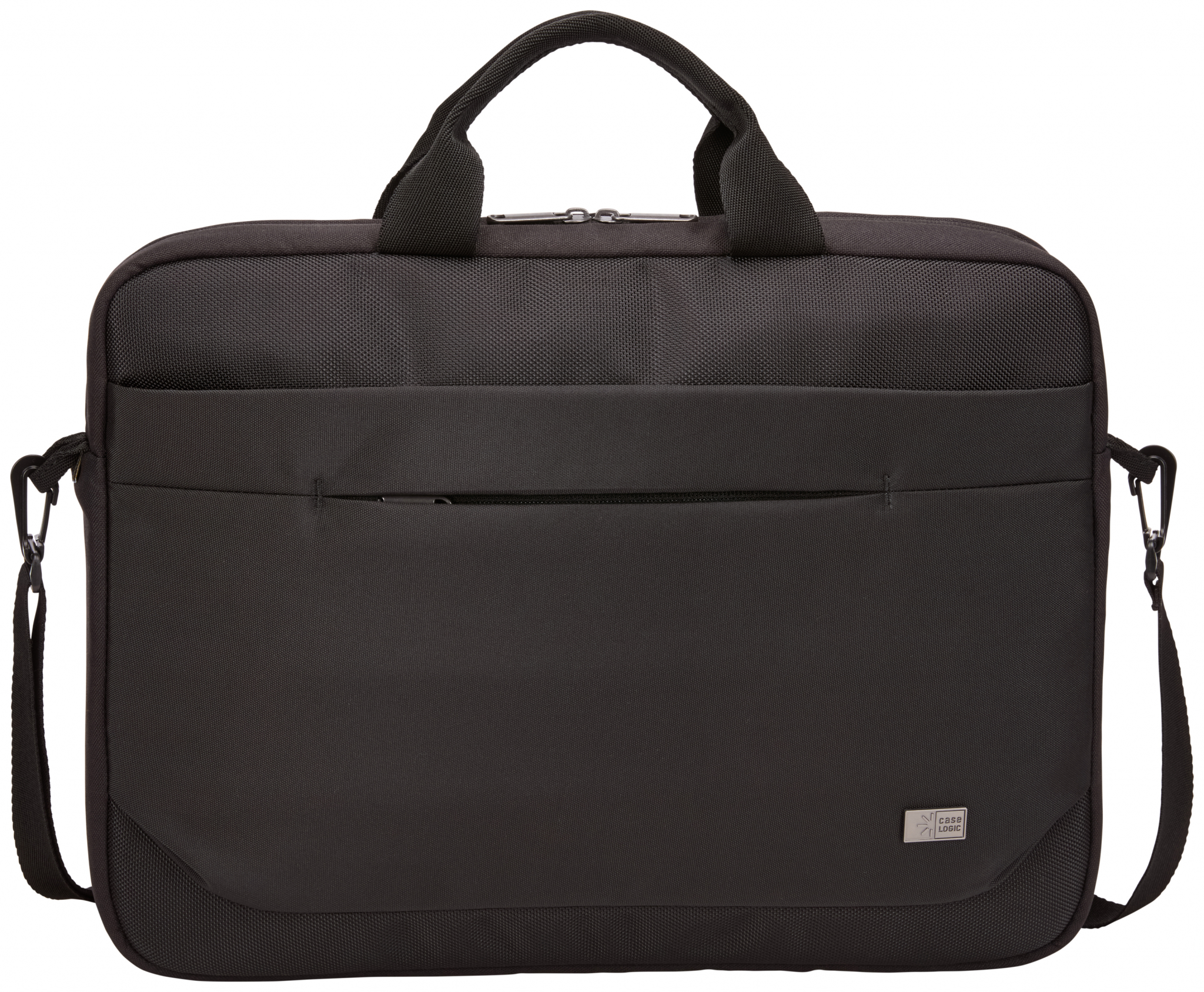 Una borsa nera per laptop con manici e tracolla. Design semplice. Sfondo nero.