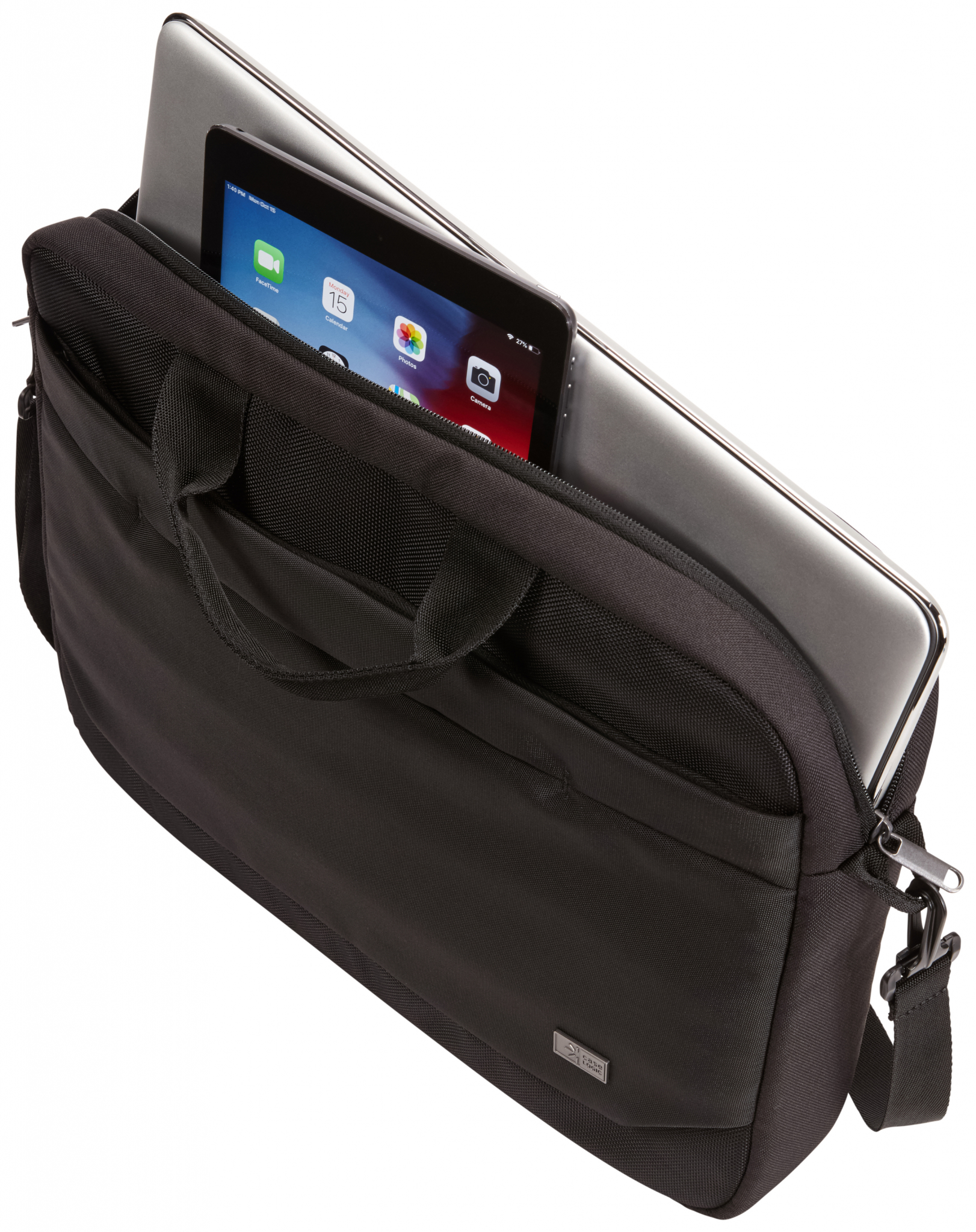 Borsa nera per laptop, aperta, mostra laptop e tablet. Sfondo bianco.