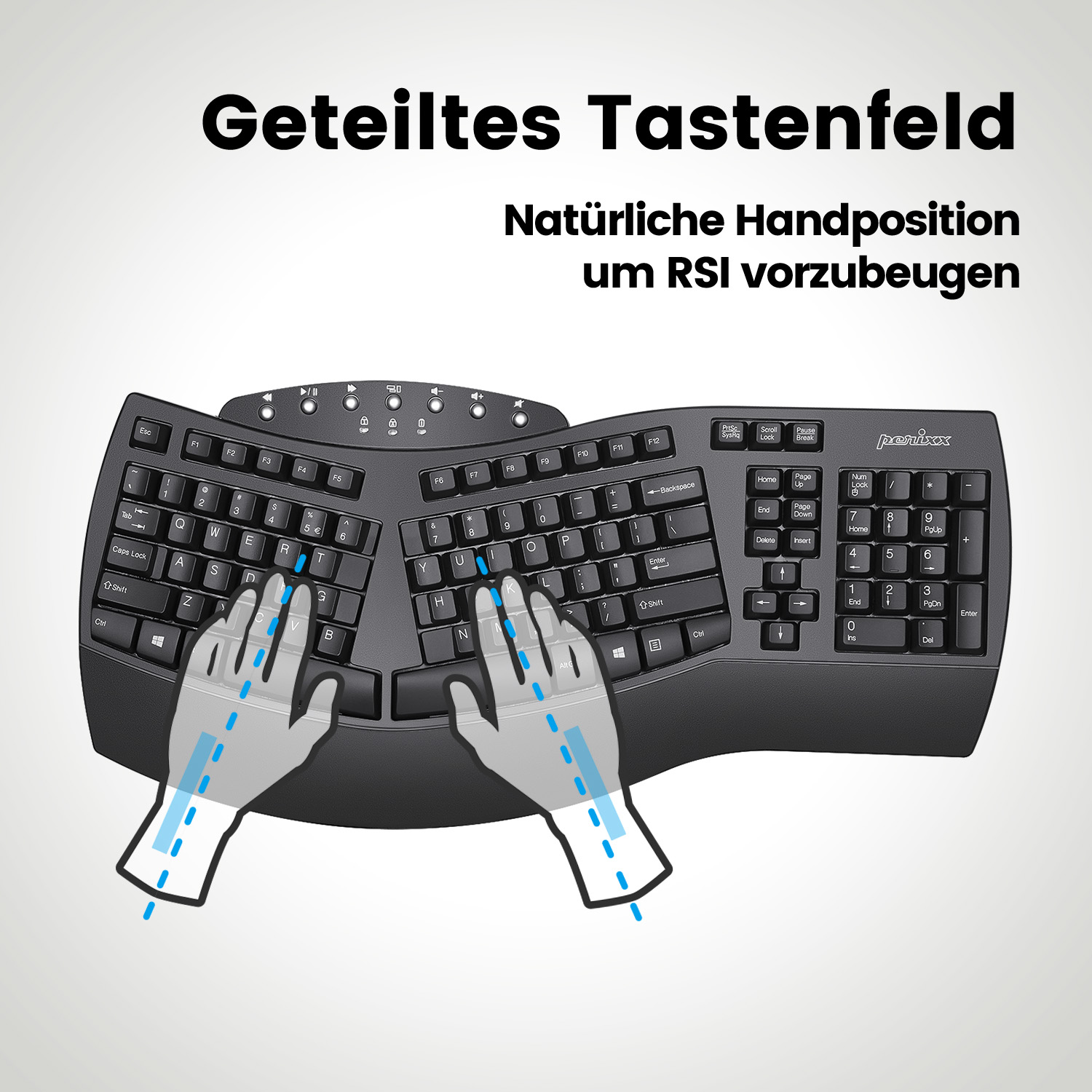 Ergonomische Tastatur mit Händen, die die natürliche Handposition zeigen.