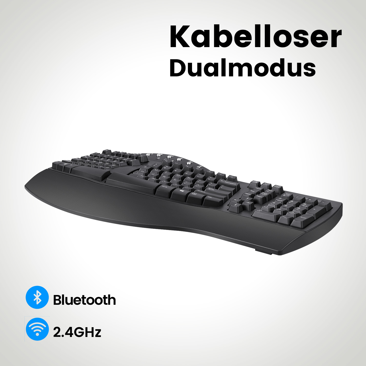 Eine schwarze ergonomische Tastatur. Sie hat ein geschwungenes Design und Bluetooth- und 2,4-GHz-Konnektivität.