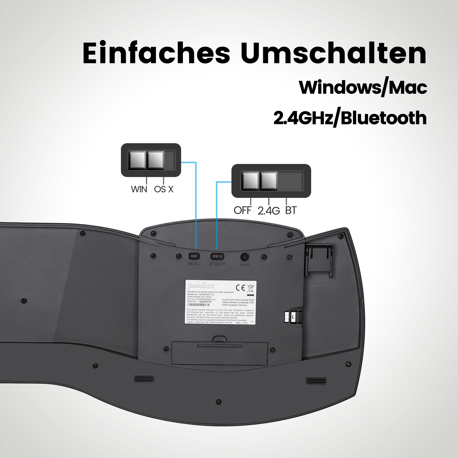 Die Rückseite einer Tastatur mit zwei Schaltern und einem kleinen Informationsbereich. Die Schalter sind beschriftet.