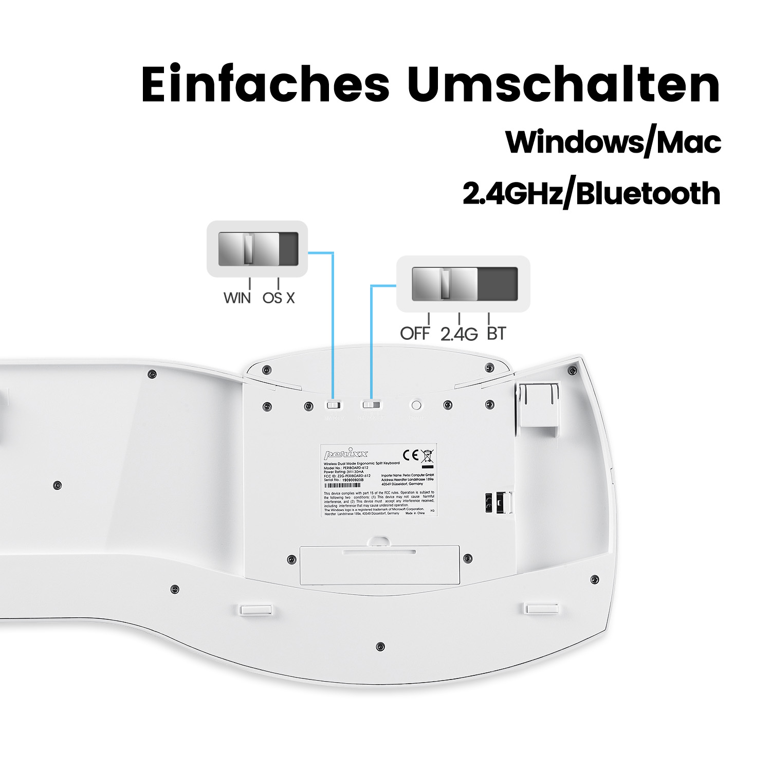 Eine weiße Tastatur mit Schalter für Windows/Mac und 2,4 GHz/Bluetooth.