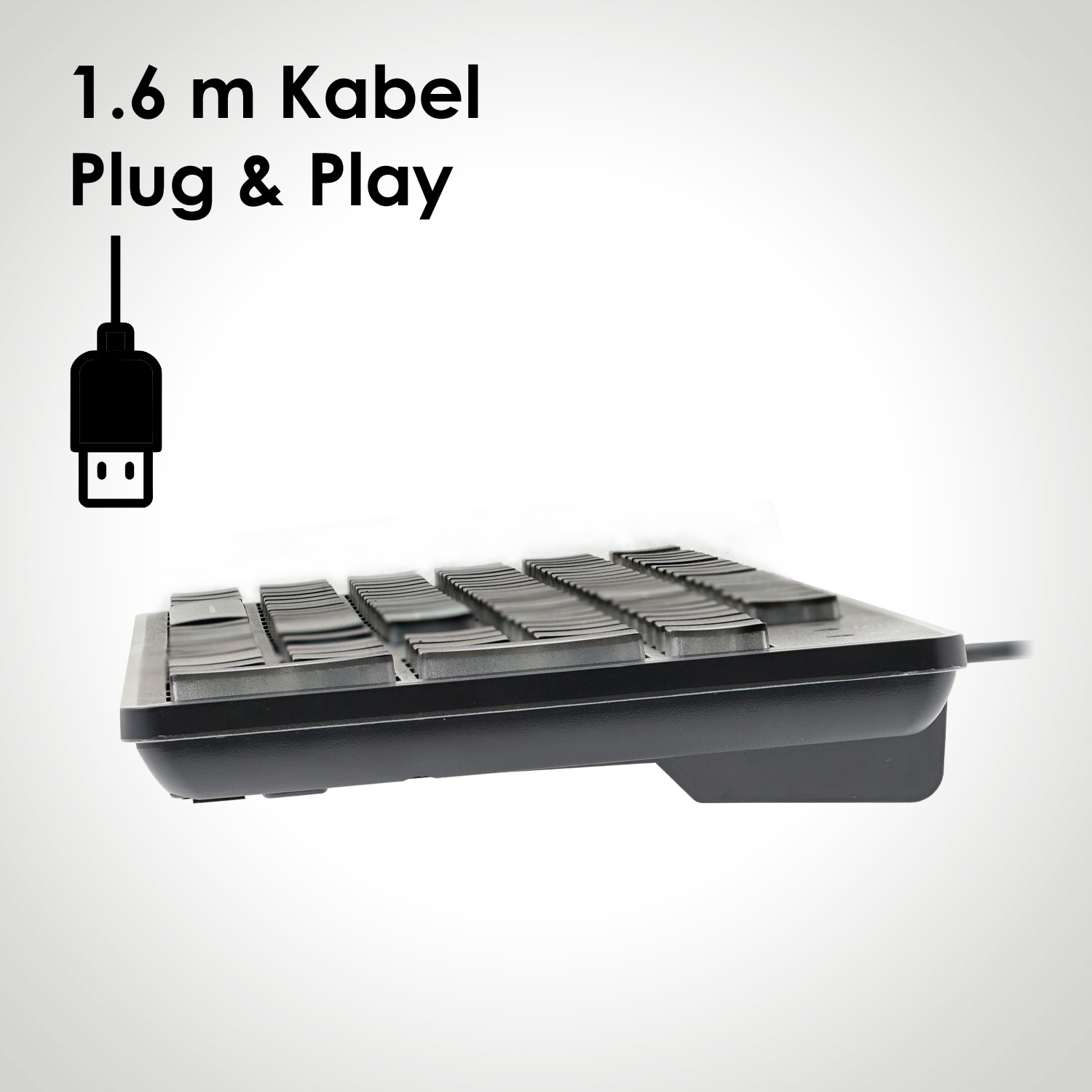 Eine schwarze Tastatur mit 1,6 m Kabel, in Seitenansicht vor weißem Hintergrund dargestellt.