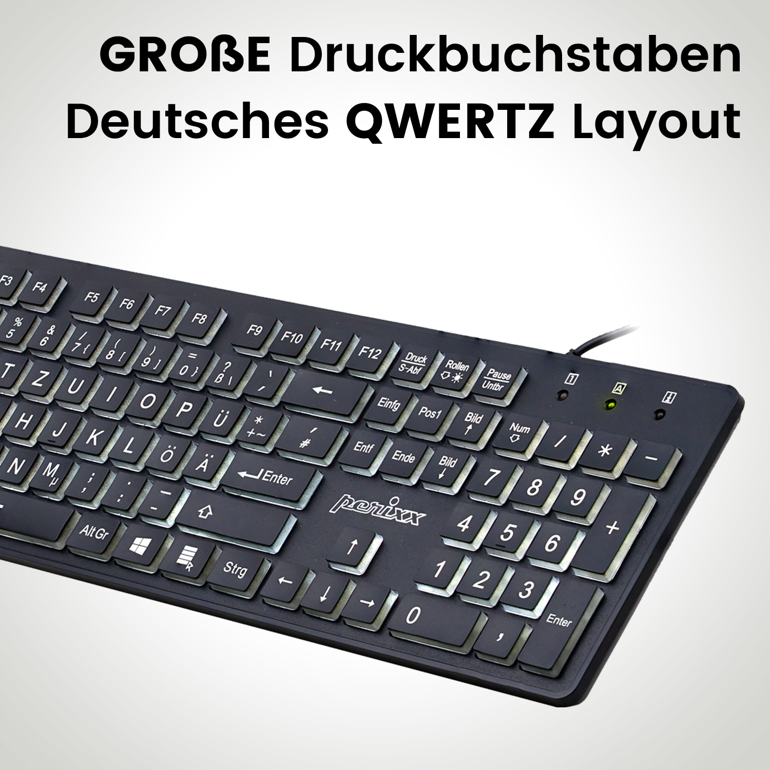Schwarze Tastatur mit großen Buchstaben und deutschem QWERTZ-Layout.