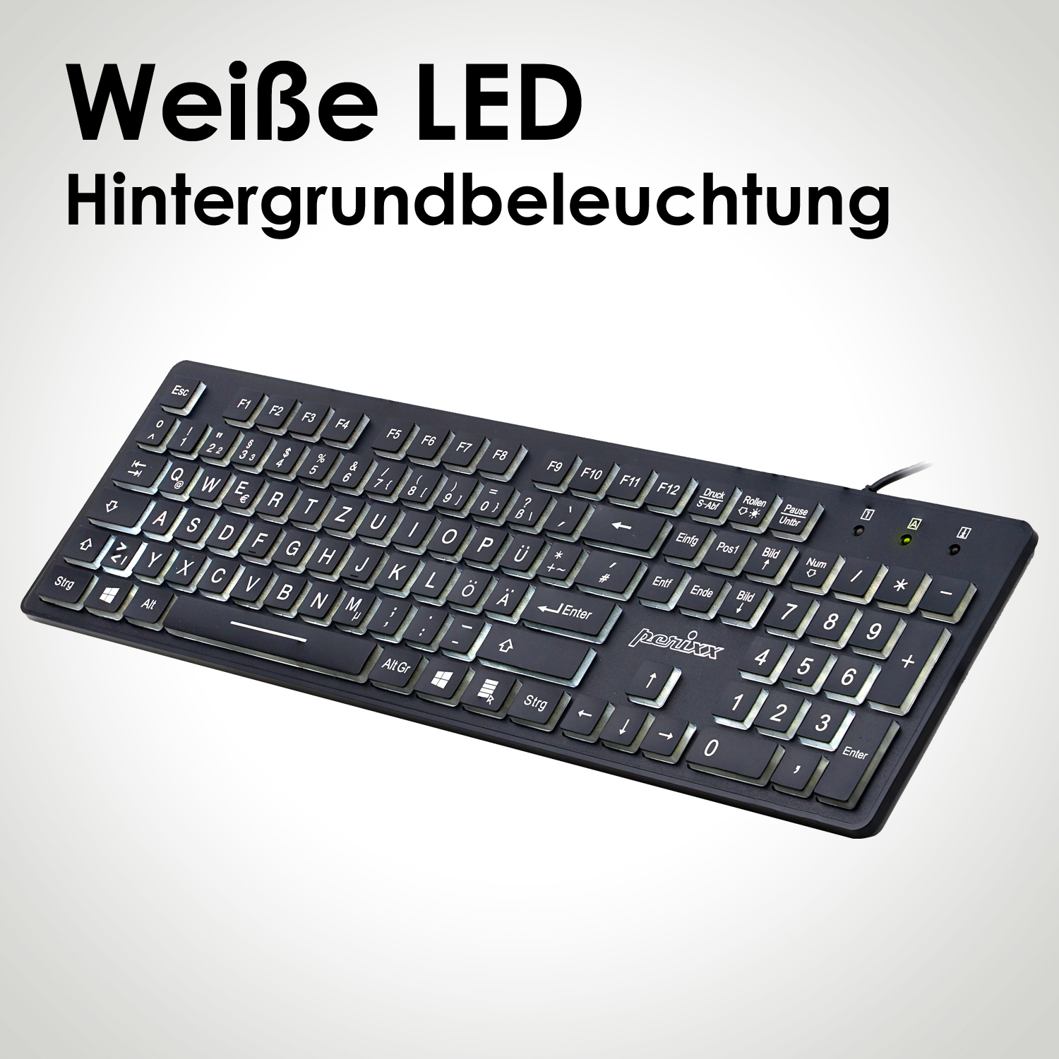 Eine schwarze Tastatur mit weiß beleuchteten Tasten. Text auf Deutsch.