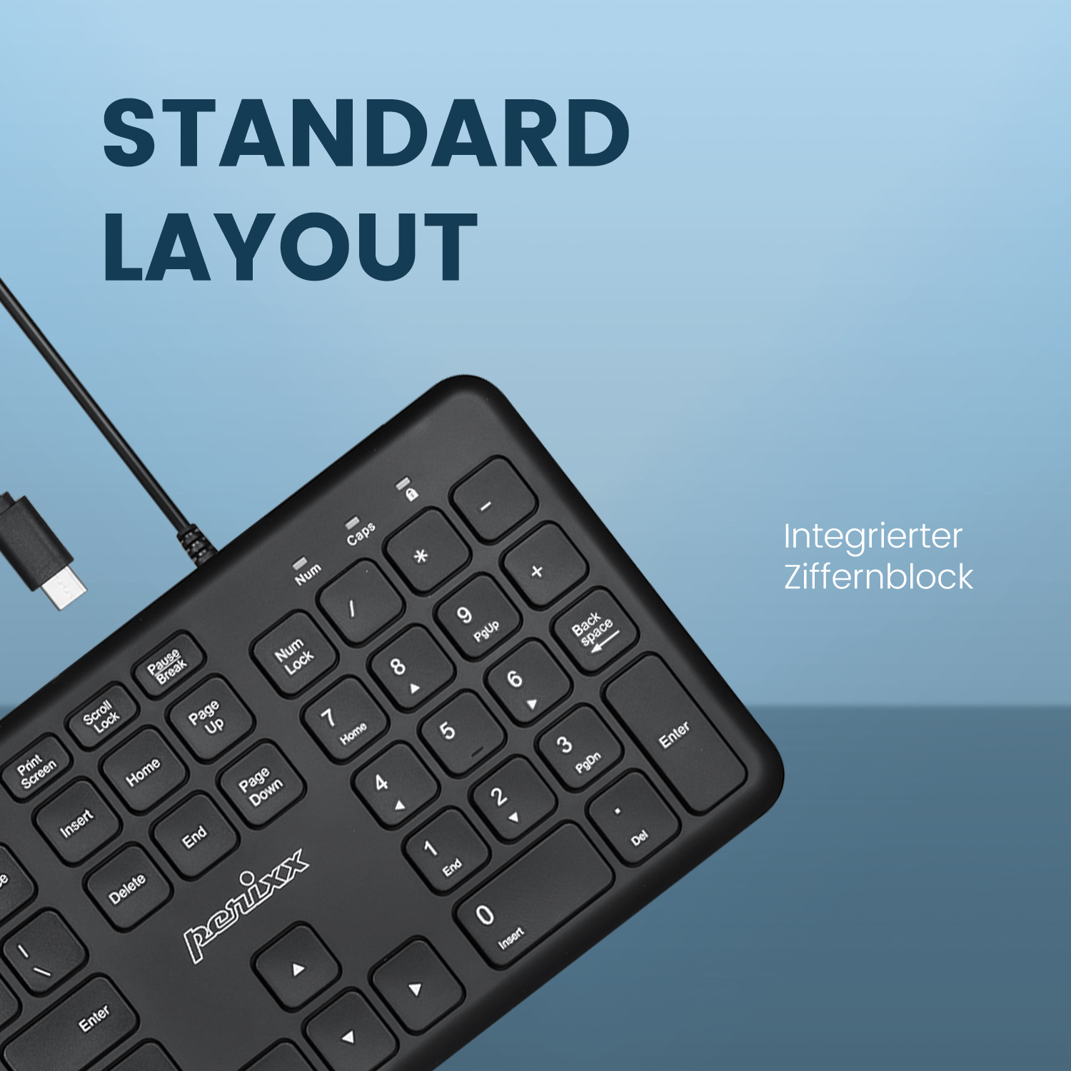 Kompakte schwarze Tastatur mit weißen Tasten. 'STANDARD LAYOUT' steht oben. USB-Anschluss.