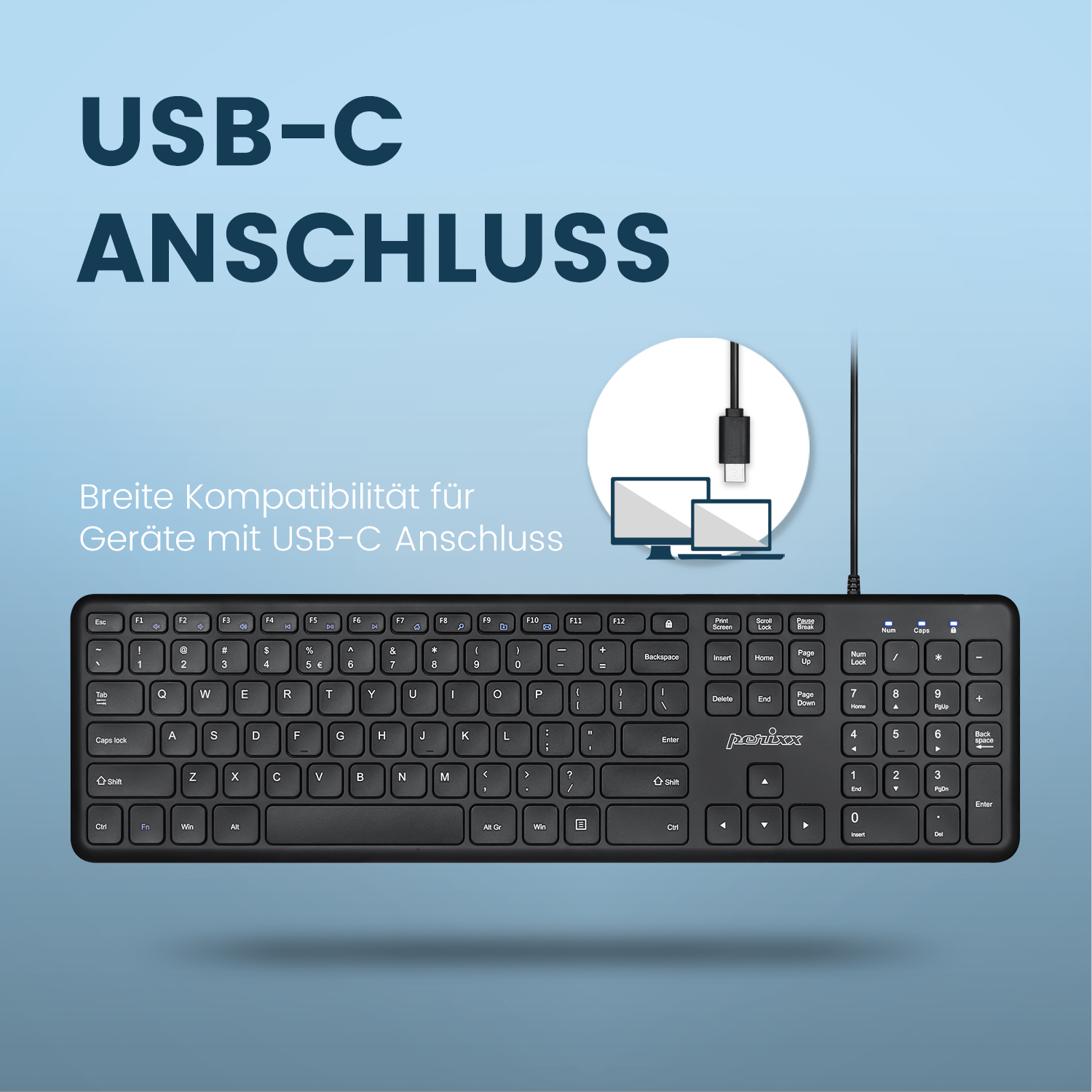 Schwarze Tastatur mit USB-C-Anschluss, Text oben.