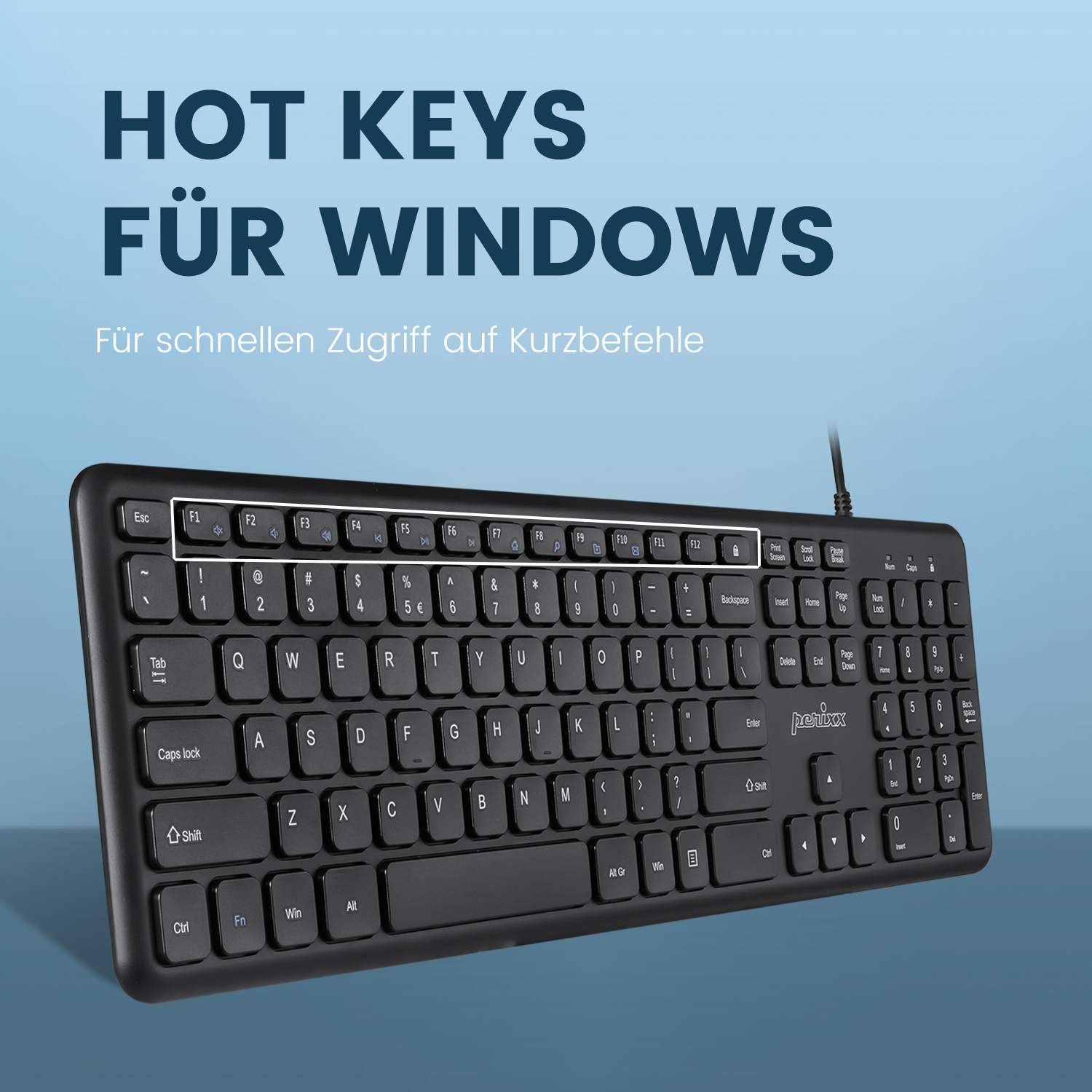 Schwarze Tastatur mit hervorgehobenen Funktionstasten vor blauem Farbverlauf. Text auf Deutsch.