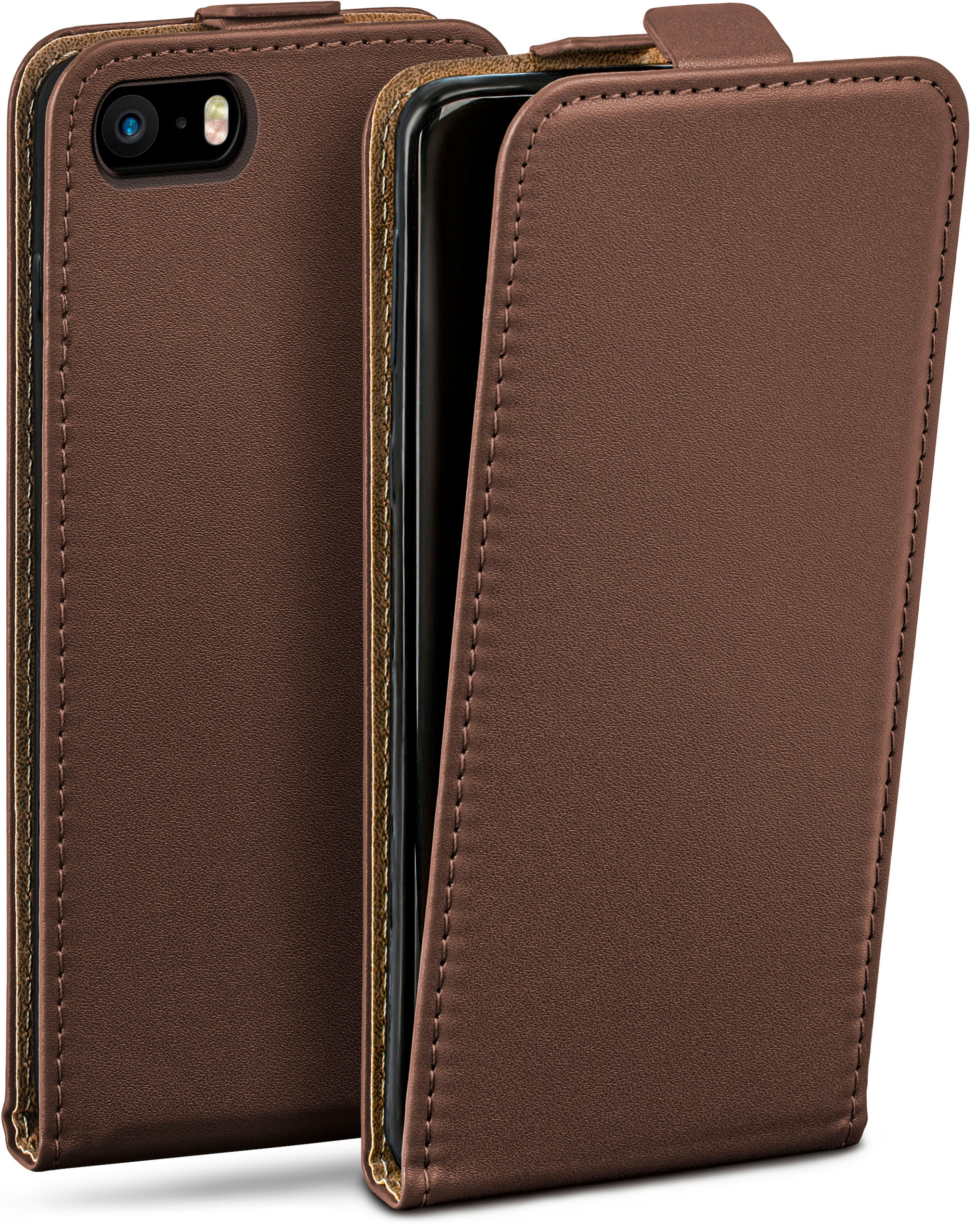 Braune Leder-Handyhülle. Das Telefon befindet sich in der Hülle, wobei der Bildschirm sichtbar ist. Weißer Hintergrund.