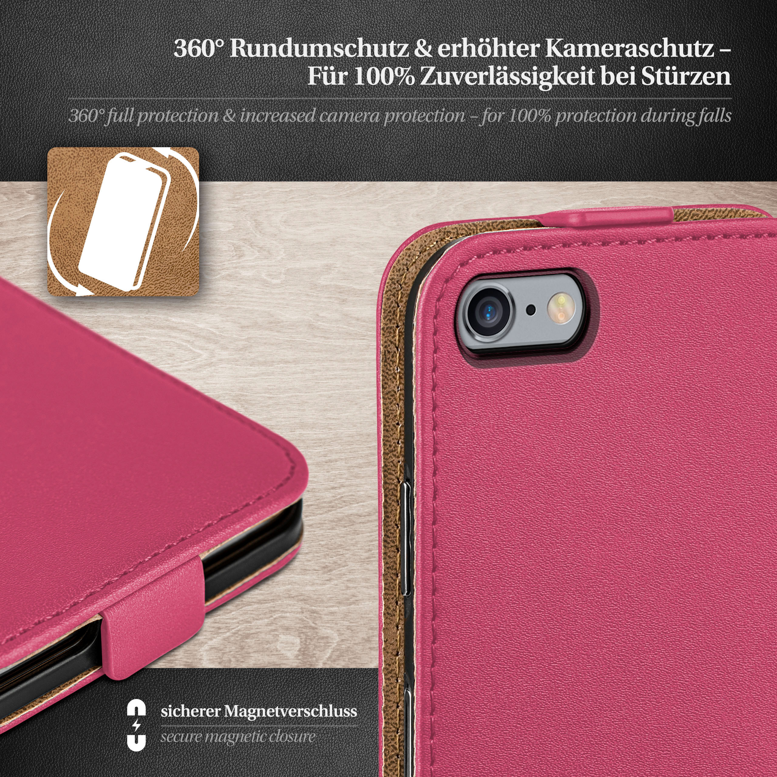 Rosa Handyhülle mit Telefon. Mit Magnetverschluss und Seitenklappe.
