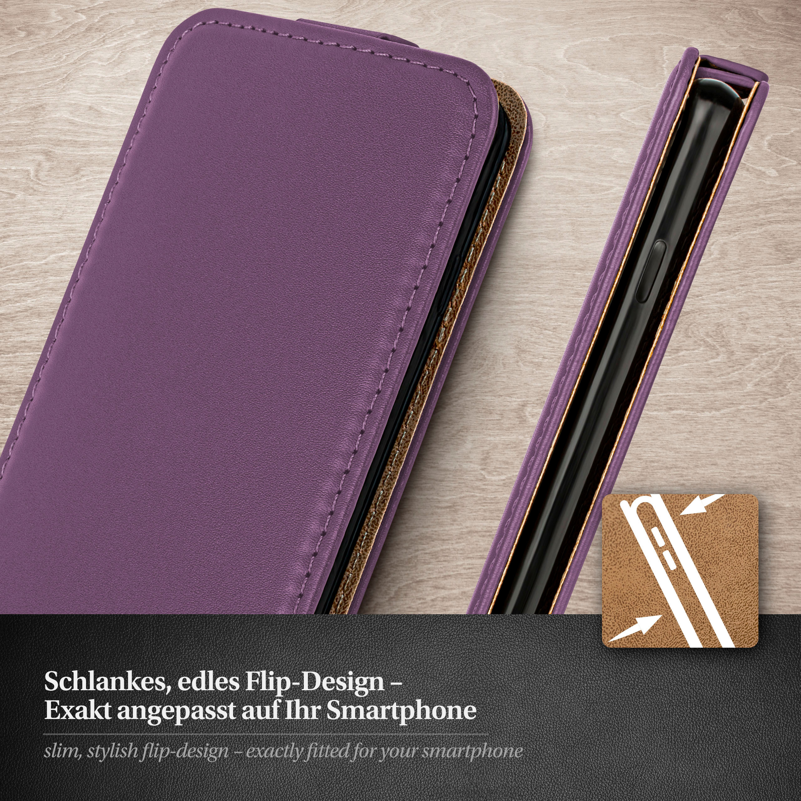 Lila Handyhülle offen, zeigt das Telefon. Fokus auf schlankes Flip-Design.