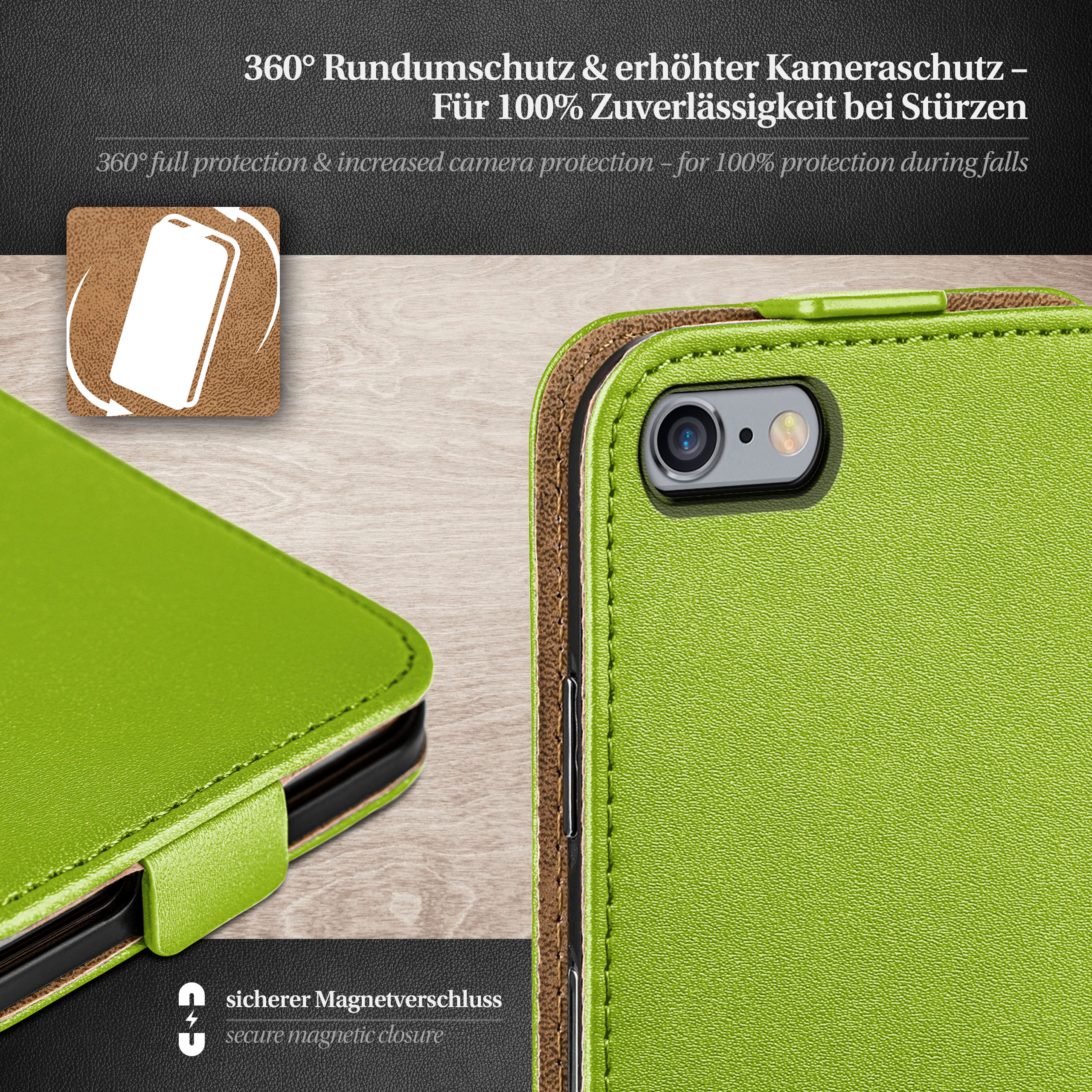 Grüne Handyhülle, die das Telefon im Inneren zeigt. Die Hülle ist grün.
