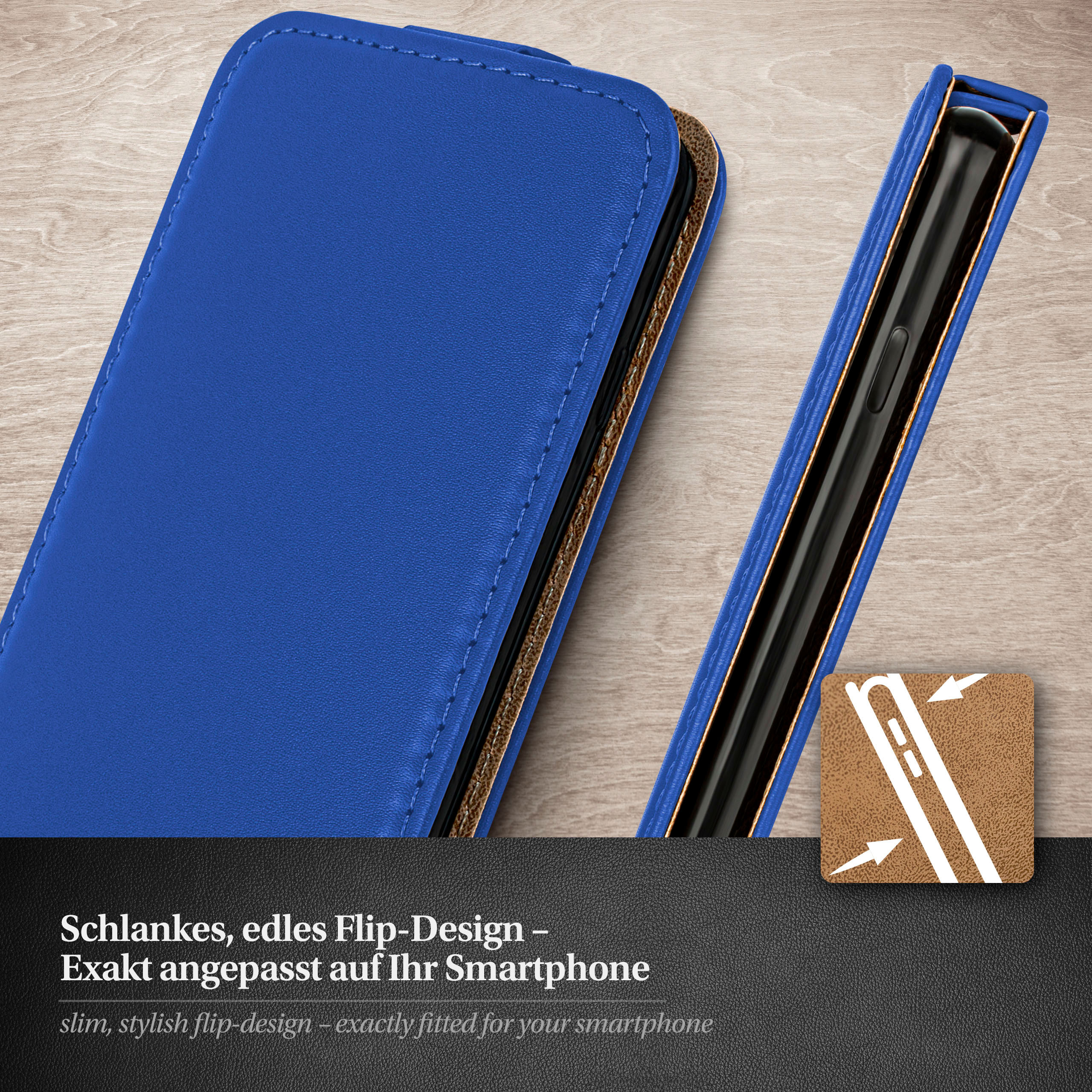 Blaue Handyhülle, teilweise geöffnet, mit einem schwarzen Telefon.