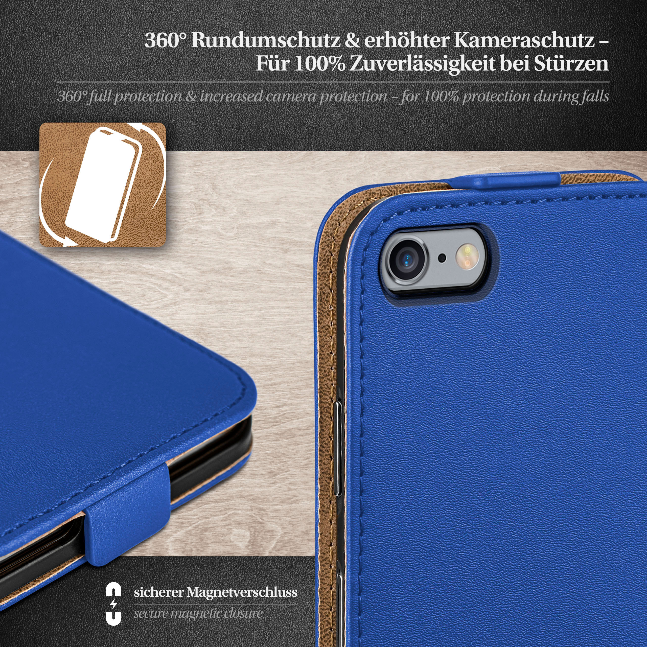 Eine blaue Handyhülle, offen, zeigt die Kamera und das Innere.