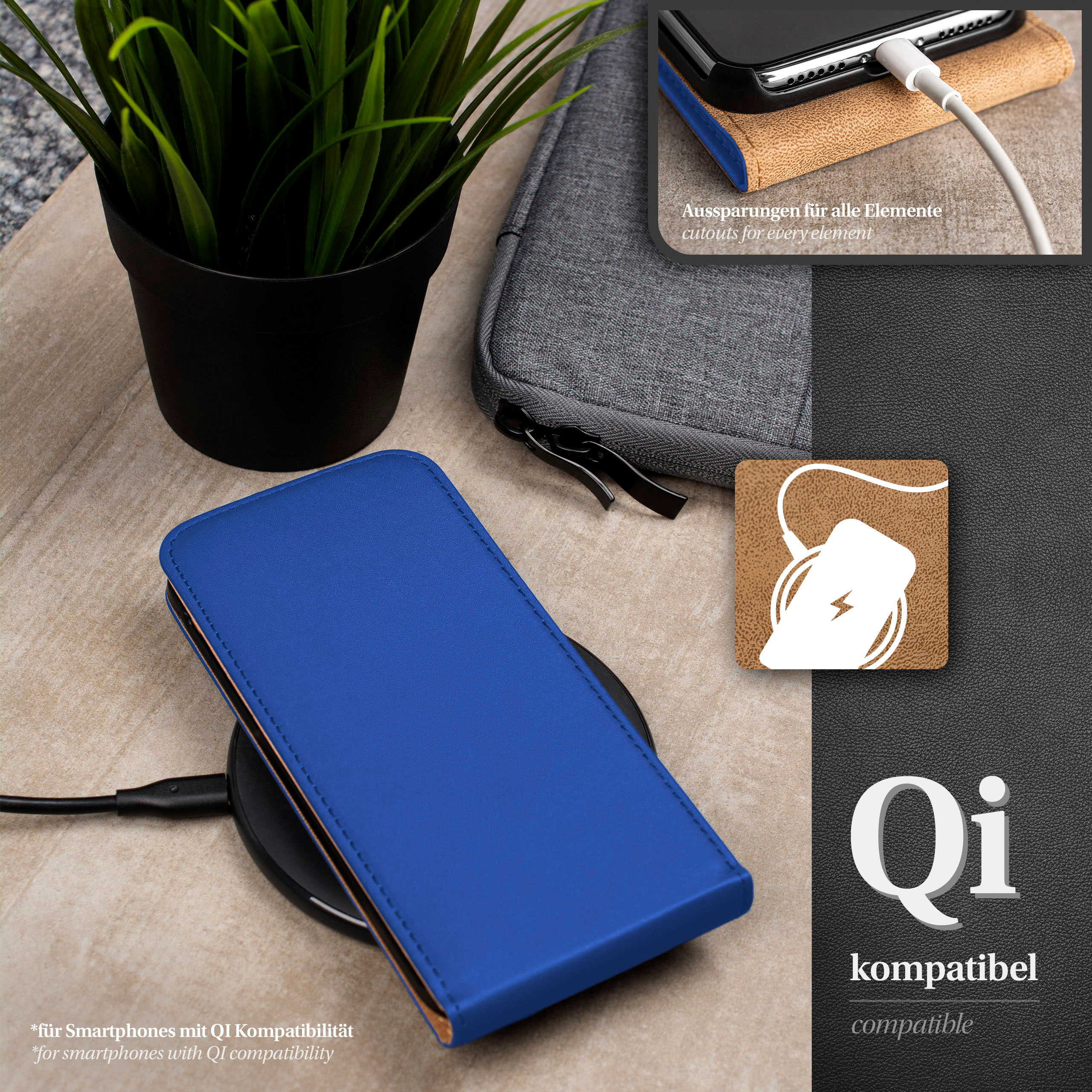 Eine blaue Handyhülle auf einem kabellosen Qi-Ladegerät, mit schwarzer Basis.