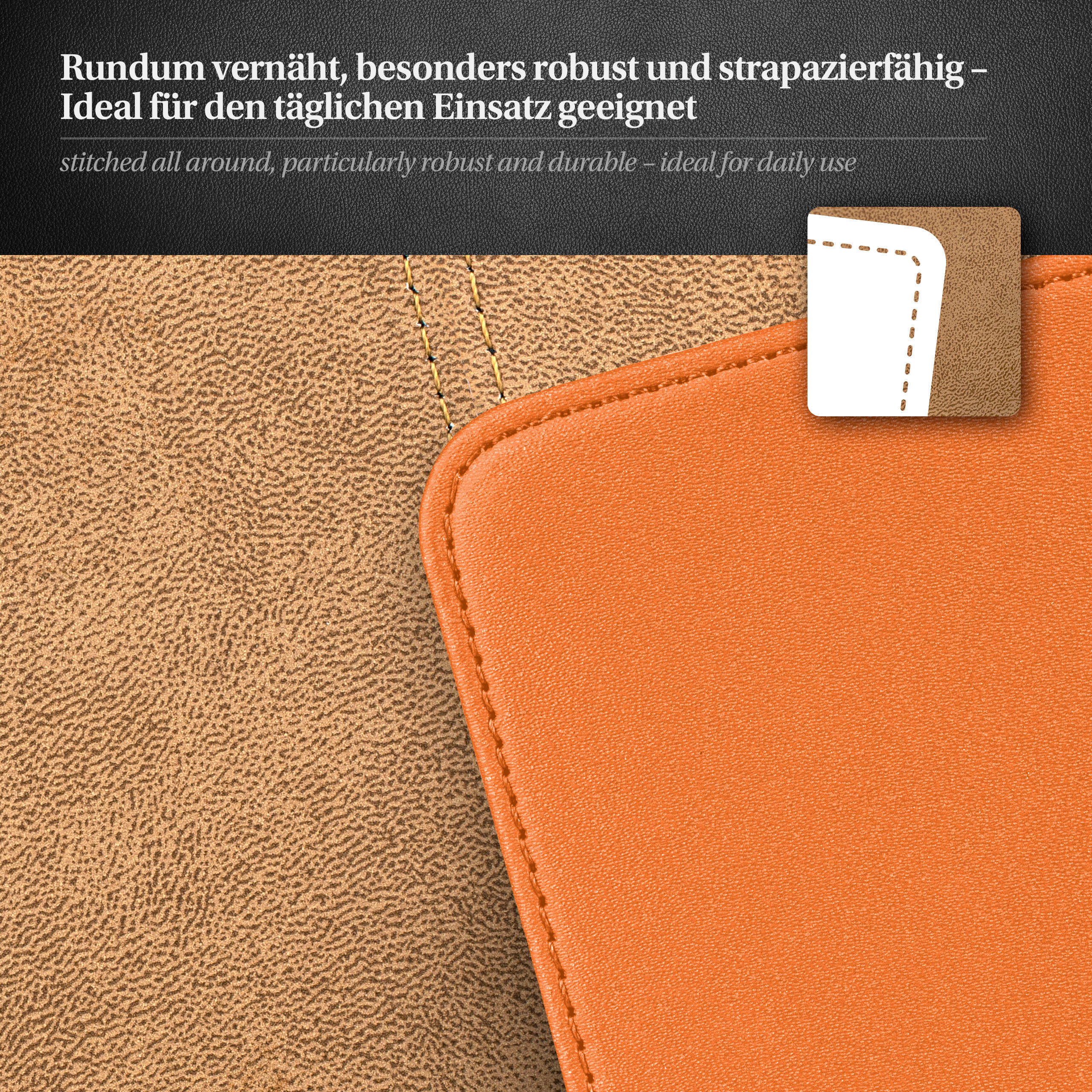 Nahaufnahme von genähtem Leder. Braune Textur und orangefarbenes Leder mit Nahtdetails.