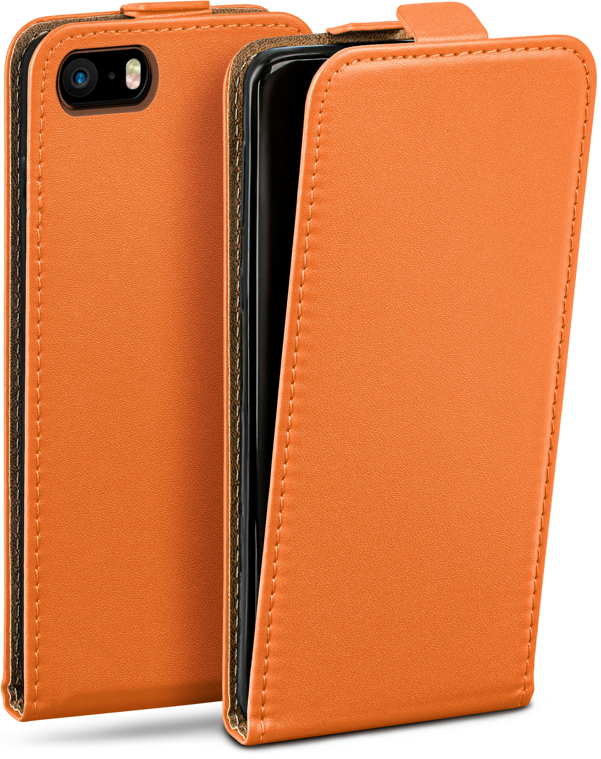 Orangene Leder-Handyhülle mit geöffneter Klappe, die ein Telefon zeigt.