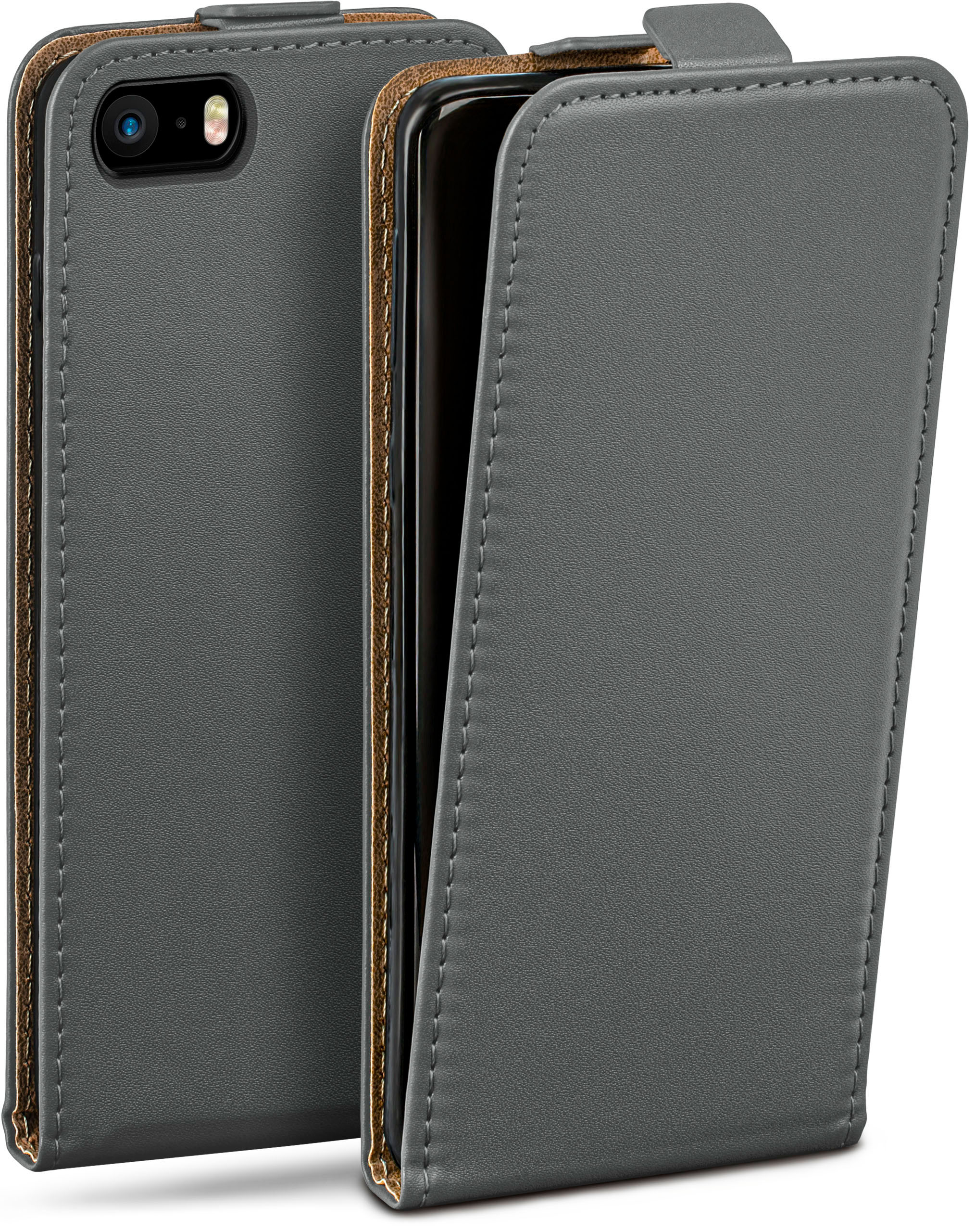 Eine graue Leder-Handyhülle mit einem teilweise darin befindlichen Telefon, offen und aufrecht.