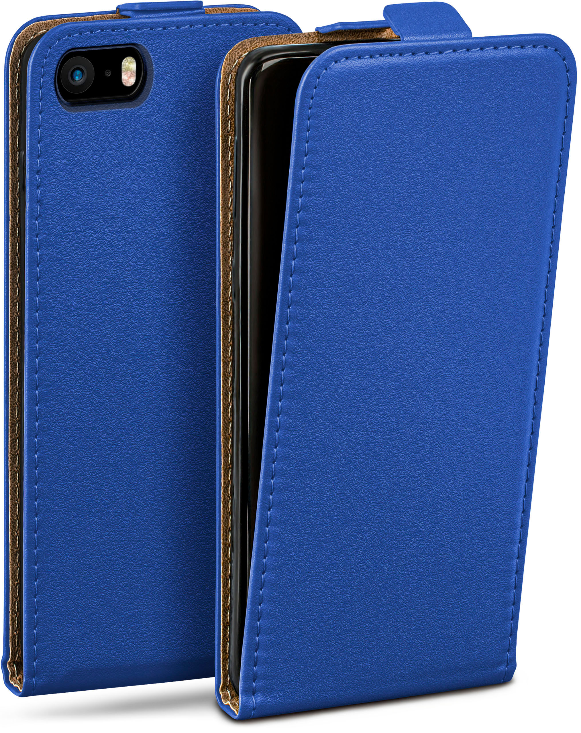 Blaue Handyhülle mit offenem Deckel. Telefon ist sichtbar. Braune Innenausstattung.