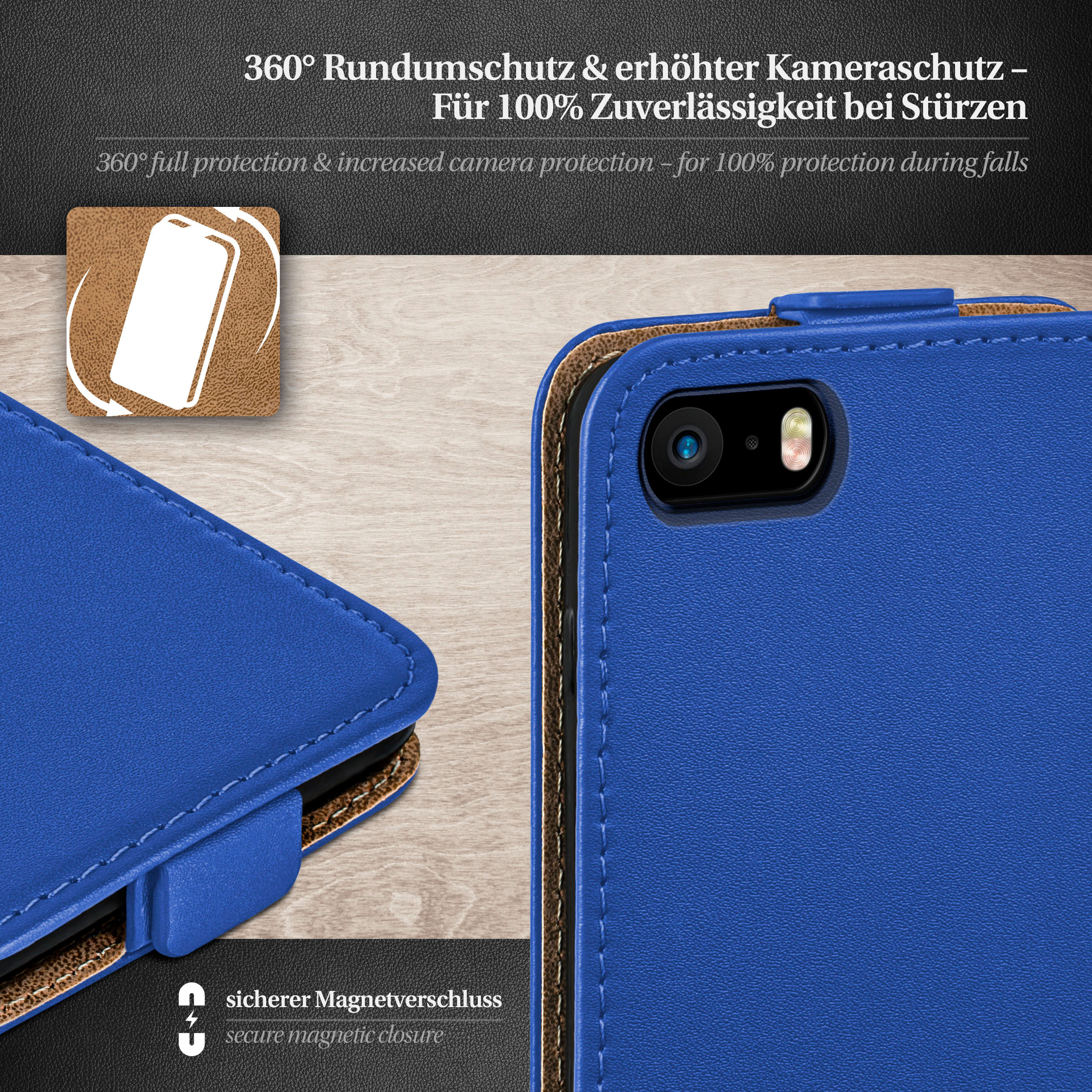 Blaue Handyhülle offen, zeigt Kamera. Blaues Gehäuse und Innenraum, Leder außen mit Nähten.